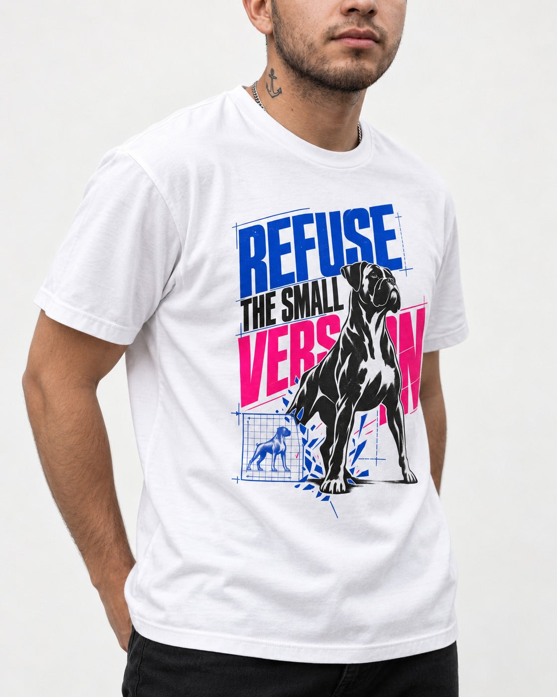 Boxer Refuse the Small Version T-Shirt in White, worn by a model, front view