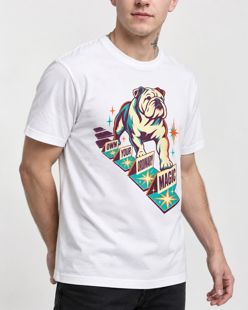 English Bulldog's Ordinary Magic T-Shirt in White, worn by a model, front view
