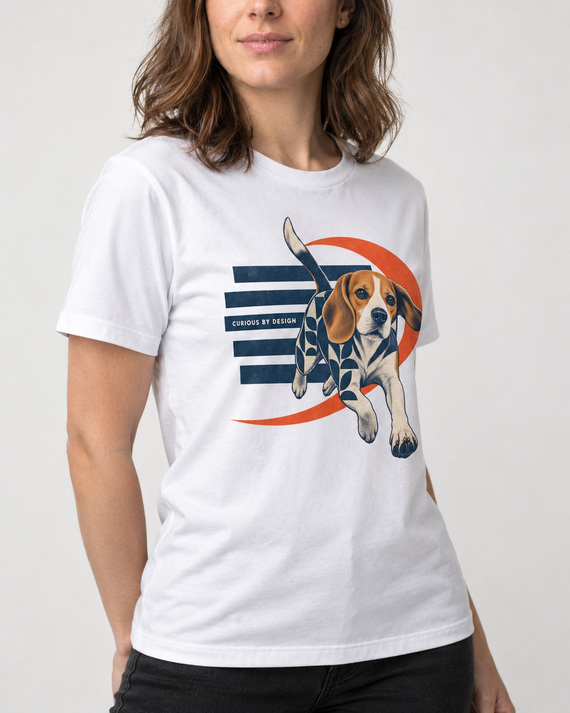 Beagle Born Curious T-Shirt in White, worn by a model, front view