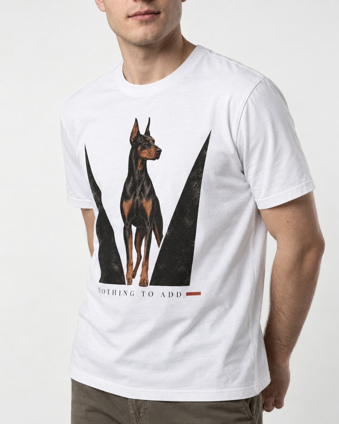 Doberman Nothing to Add T-Shirt in White, worn by a model, front view