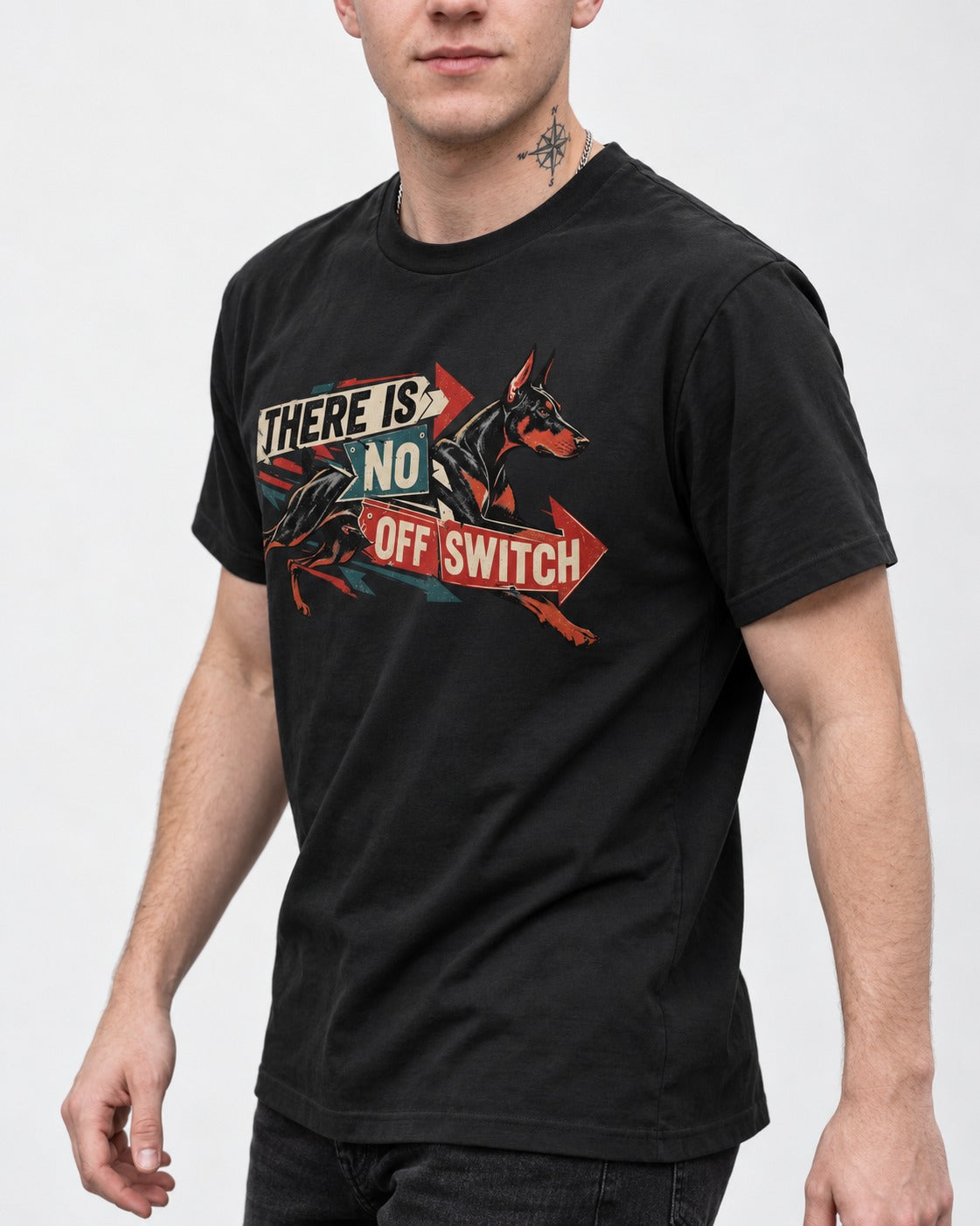 Doberman There Is No Off Switch Arrow Sprint Graphic T-Shirt in Black, worn by a model, front view