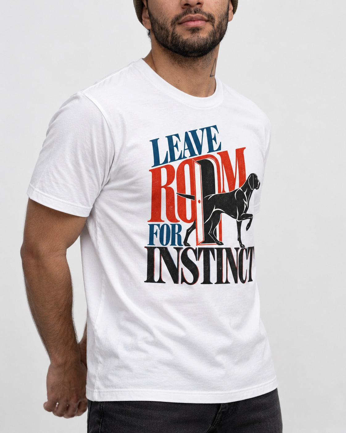 Leave Room for Instinct German Shorthaired Pointer T-Shirt in White, worn by a model, front view