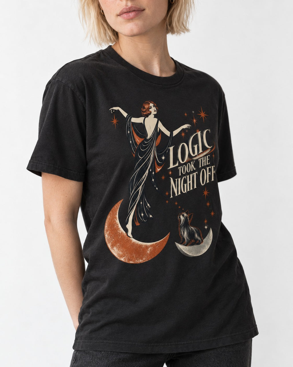 Yorkshire Terrier Logic Took the Night Off Art Deco Graphic T-Shirt in Black, worn by a model, front view