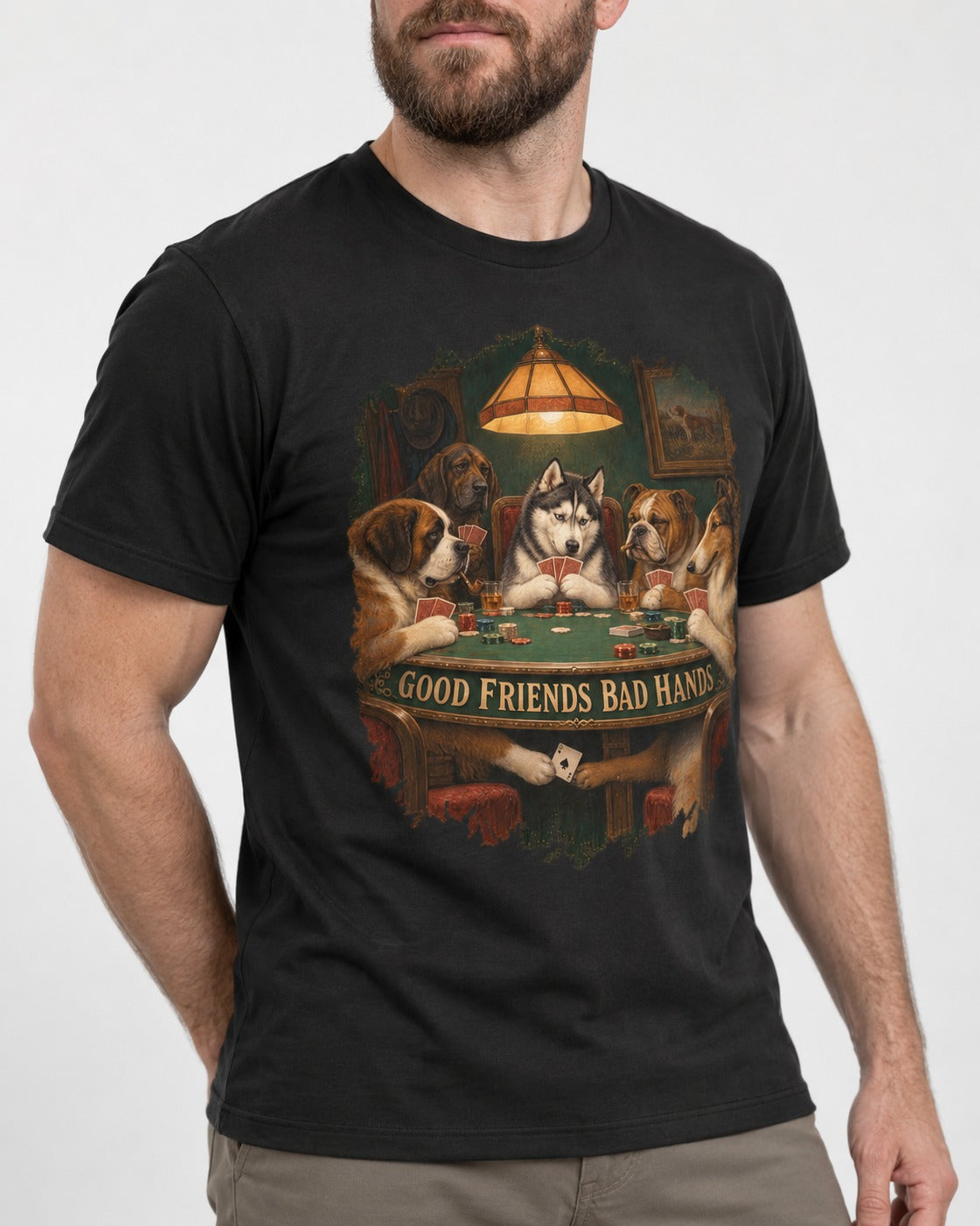 Husky Good Friends Bad Hands Poker Night Graphic T-Shirt in Black, worn by a model, front view