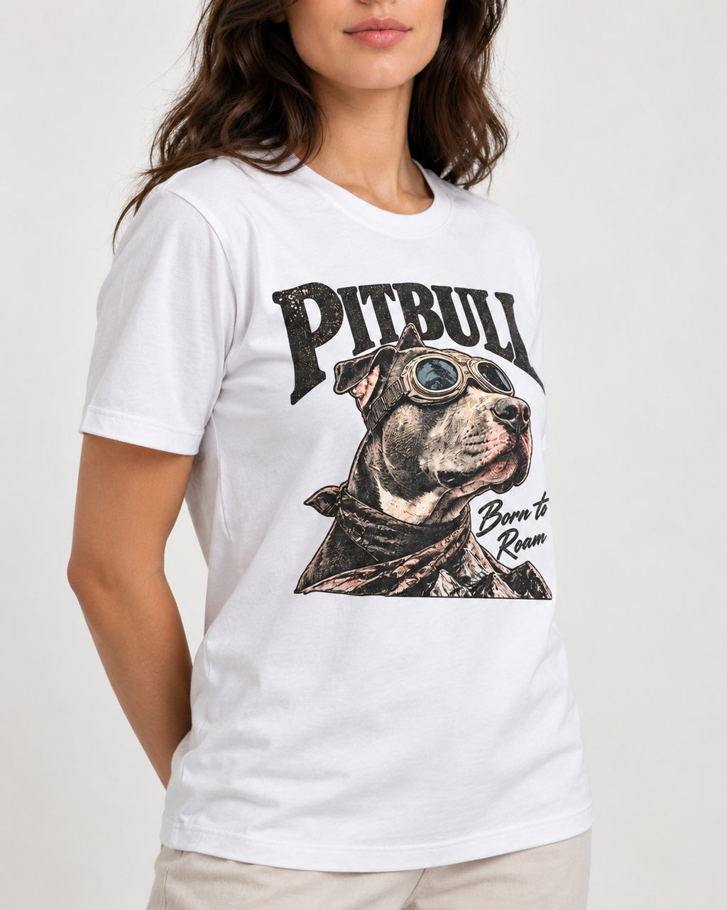 Pitbull Born to Roam T-Shirt in White, worn by a model, front view