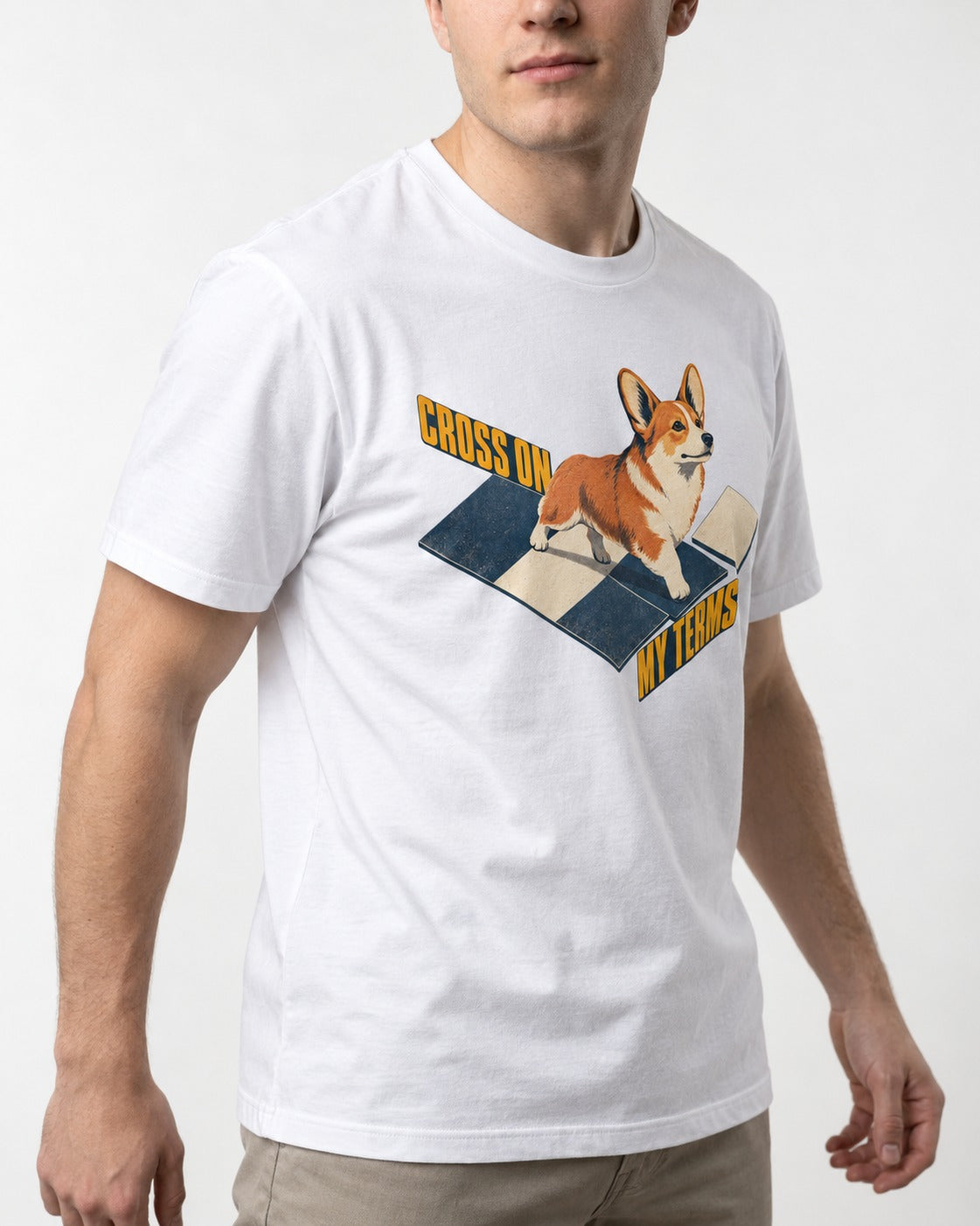 Corgi On My Terms T-Shirt in White, worn by a model, front view