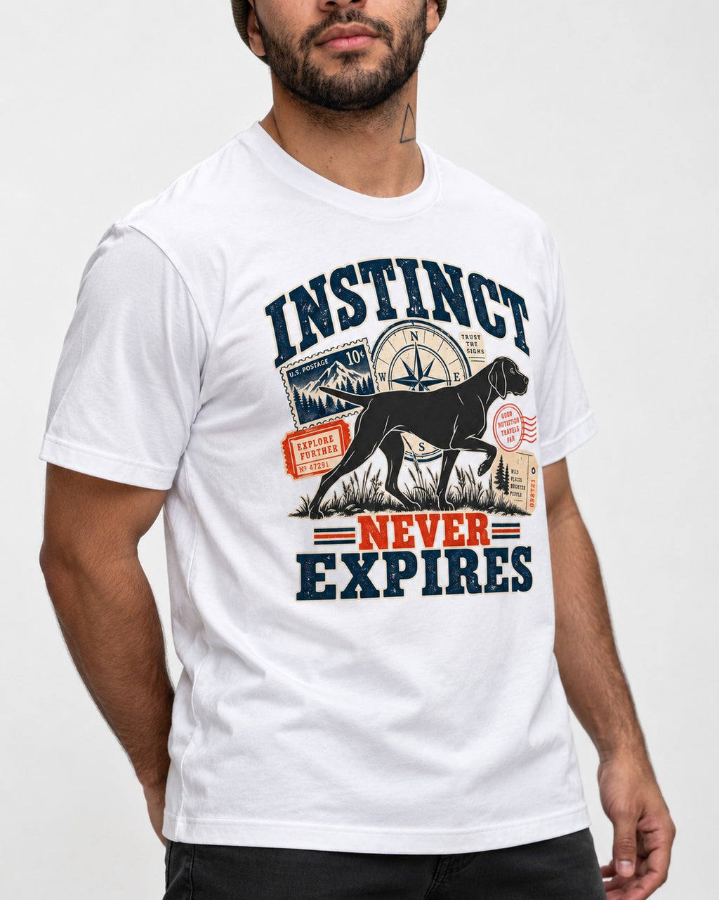 German Shorthaired Pointer Instinct Never Expires T-Shirt in White, worn by a model, front view