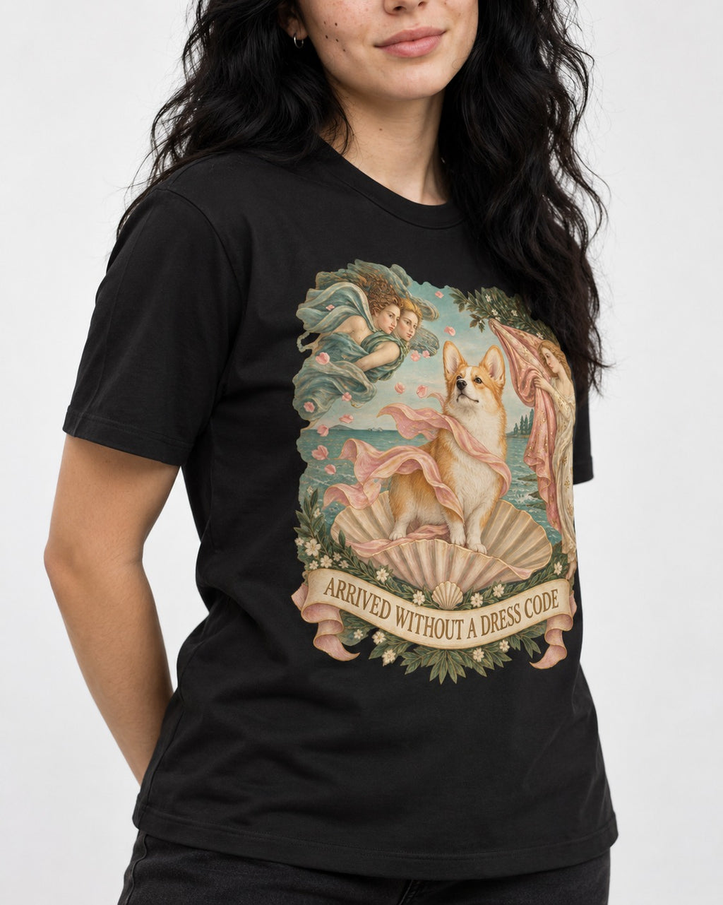 Corgi Arrived Without a Dress Code Birth of Venus T-Shirt in Black, worn by a model, front view