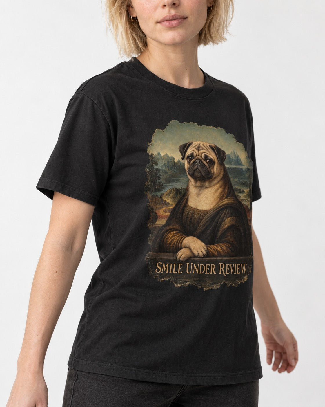 Pug Smile Under Review Mona Lisa Graphic T-Shirt in Black, worn by a model, front view
