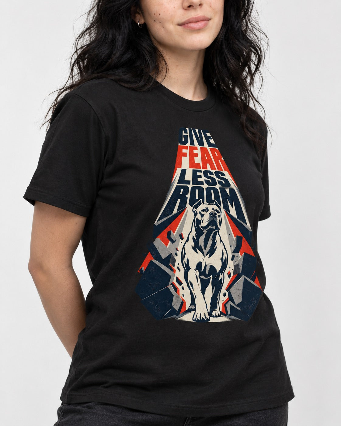 Pitbull Give Fear Less Room Breakthrough Graphic T-Shirt in Black, worn by a model, front view