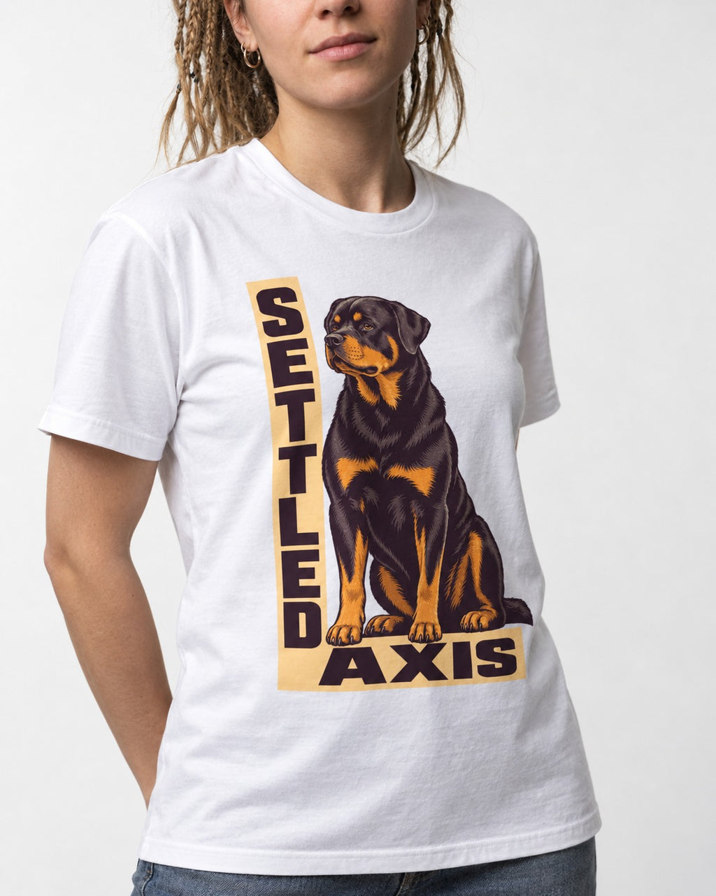 Settled Axis Rottweiler T-Shirt in White, worn by a model, front view