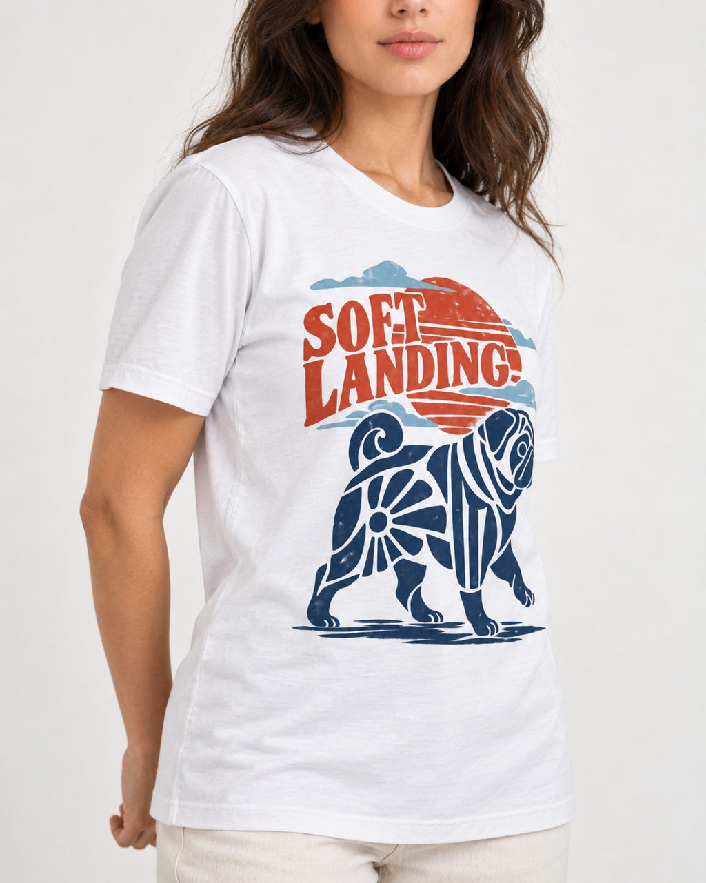 Pug's Soft Landing T-Shirt in White, worn by a model, front view