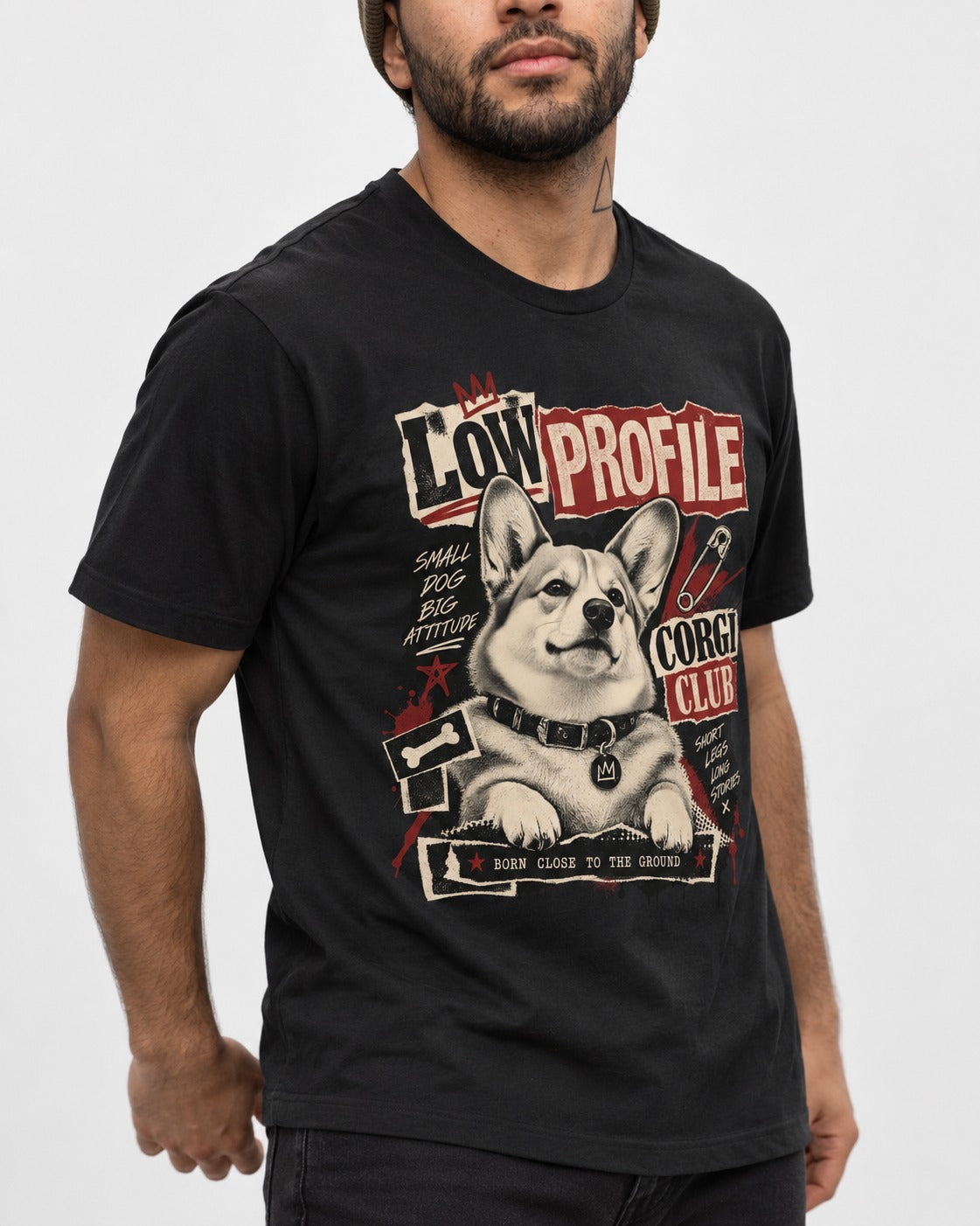 Corgi Low Profile Corgi Club Punk Collage Graphic T-Shirt in Black, worn by a model, front view