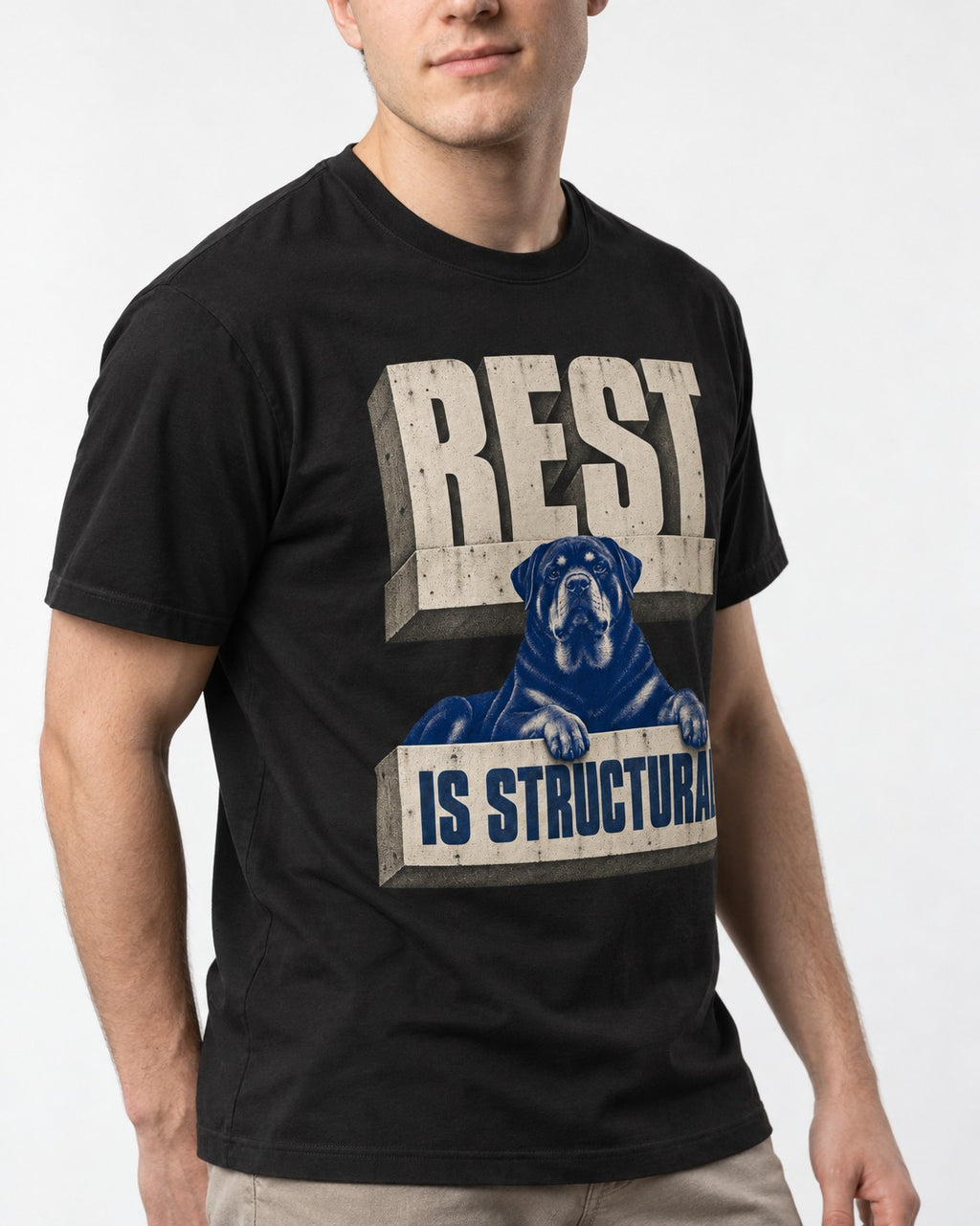 Rottweiler Rest Is Structural Architectural Type Graphic T-Shirt in Black, worn by a model, front view