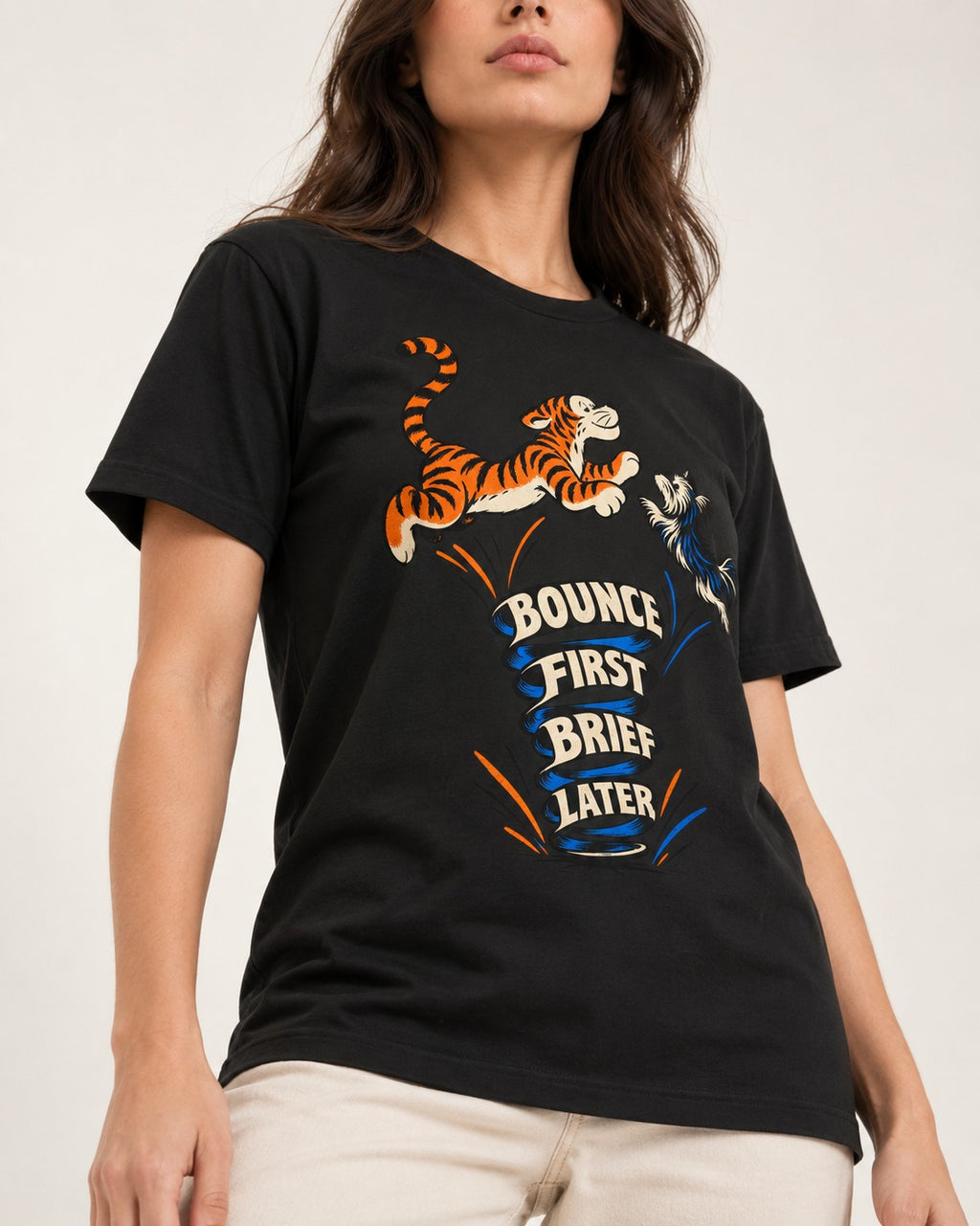 Yorkshire Terrier Bounce First Brief Later Tiger Graphic T-Shirt in Black, worn by a model, front view