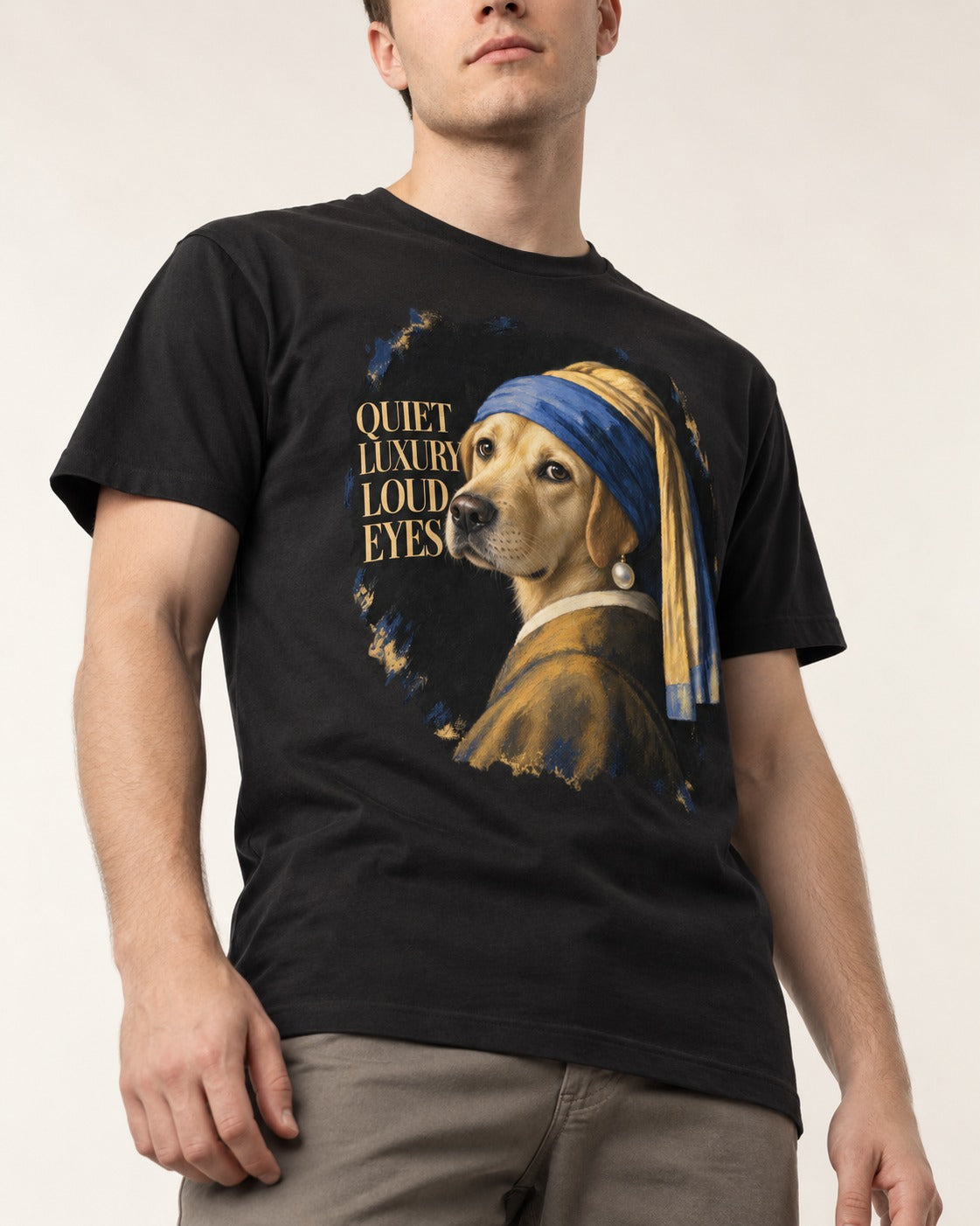 Labrador Retriever Quiet Luxury Loud Eyes Pearl Earring Graphic T-Shirt in Black, worn by a model, front view