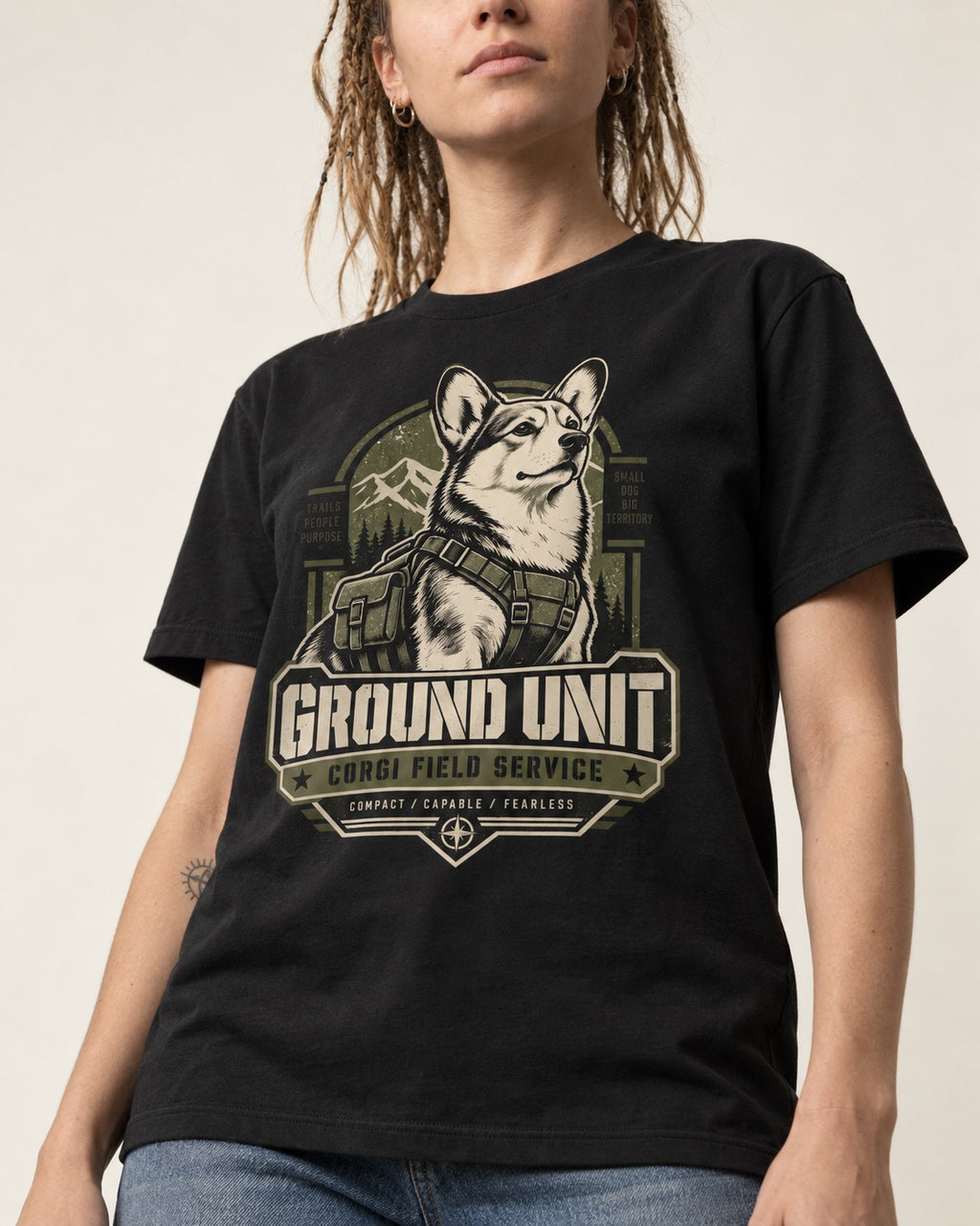Corgi Ground Unit Field Service Badge T-Shirt in Black, worn by a model, front view