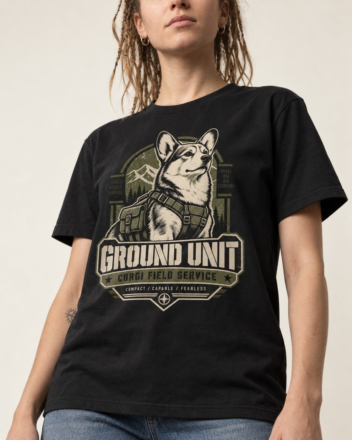 Corgi Ground Unit Field Service Badge T-Shirt in Black, worn by a model, front view