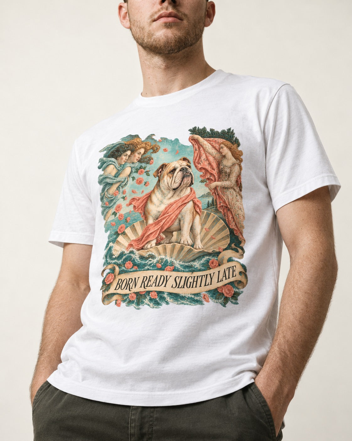 Born Ready Slightly Late English Bulldog T-Shirt in White, worn by a model, front view