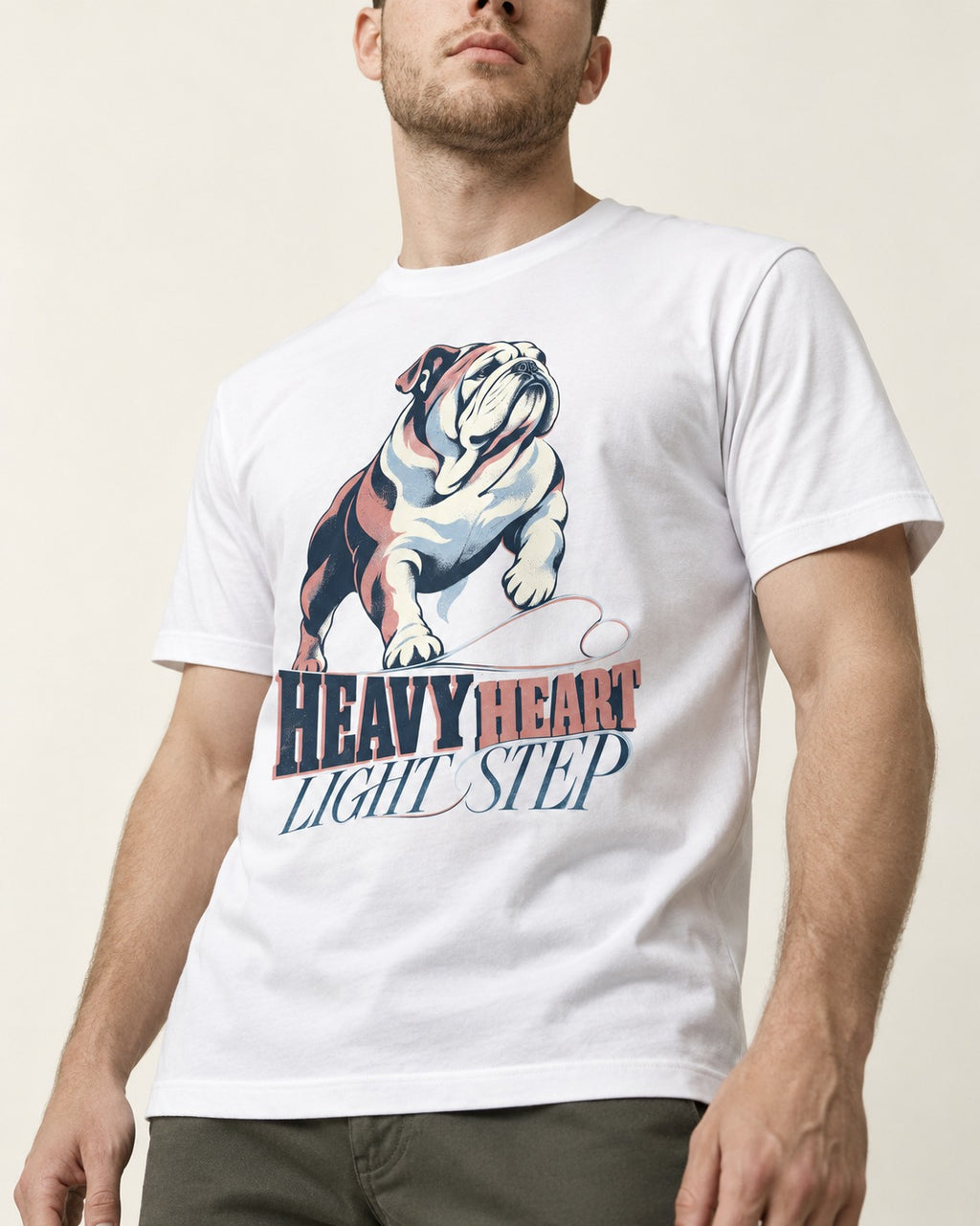 Heavy Heart Light Step English Bulldog T-Shirt in White, worn by a model, front view