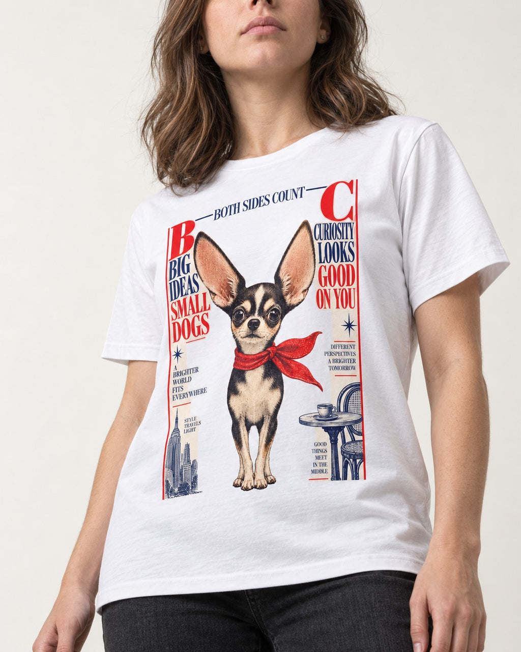 Chihuahua Big Ideas T-Shirt in White, worn by a model, front view