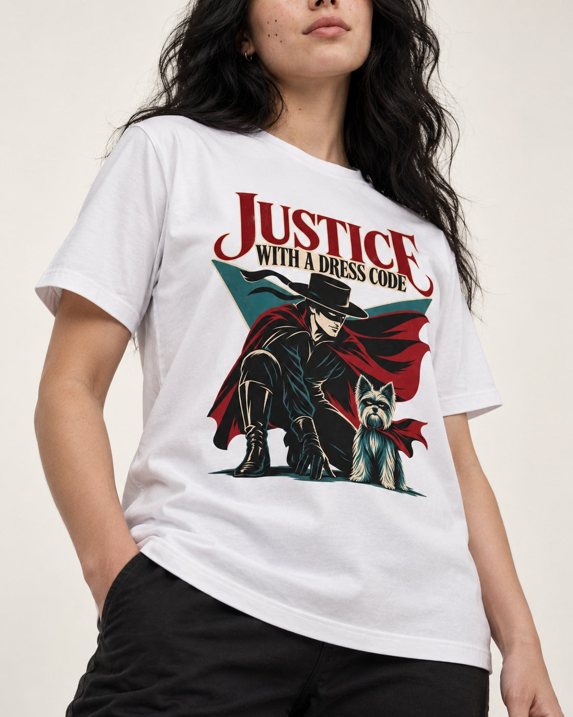 Yorkshire Terrier Dress Code Justice T-Shirt in White, worn by a model, front view