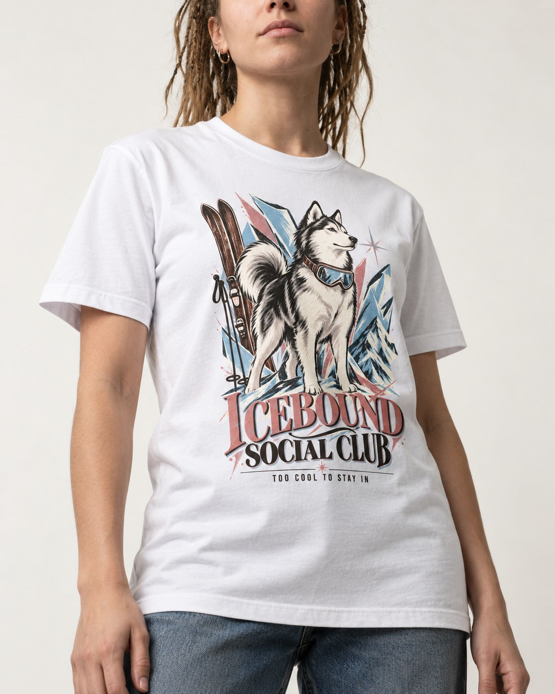 Icebound Husky T-Shirt in White, worn by a model, front view