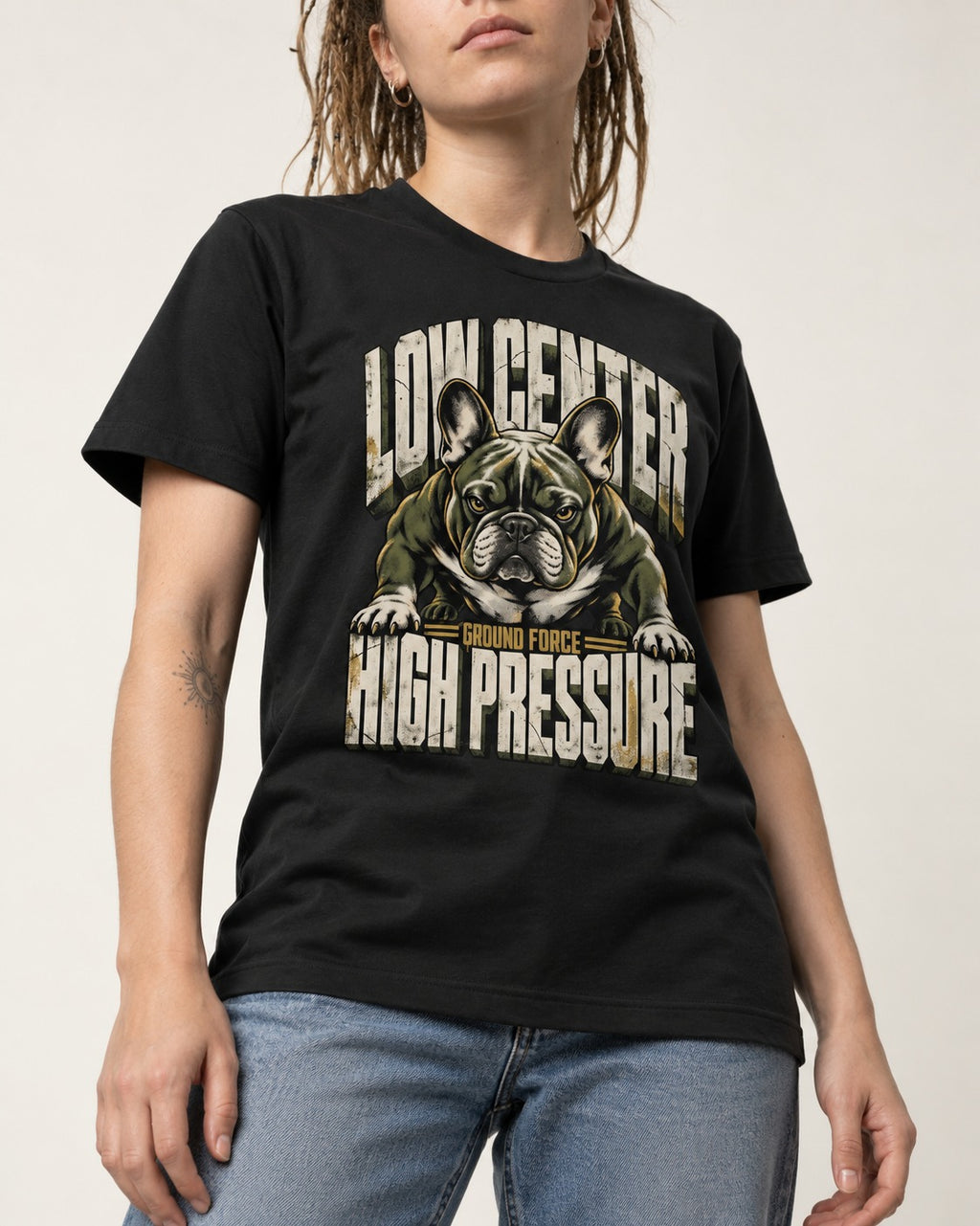 Frenchie Low Center High Pressure Graphic T-Shirt in Black, worn by a model, front view