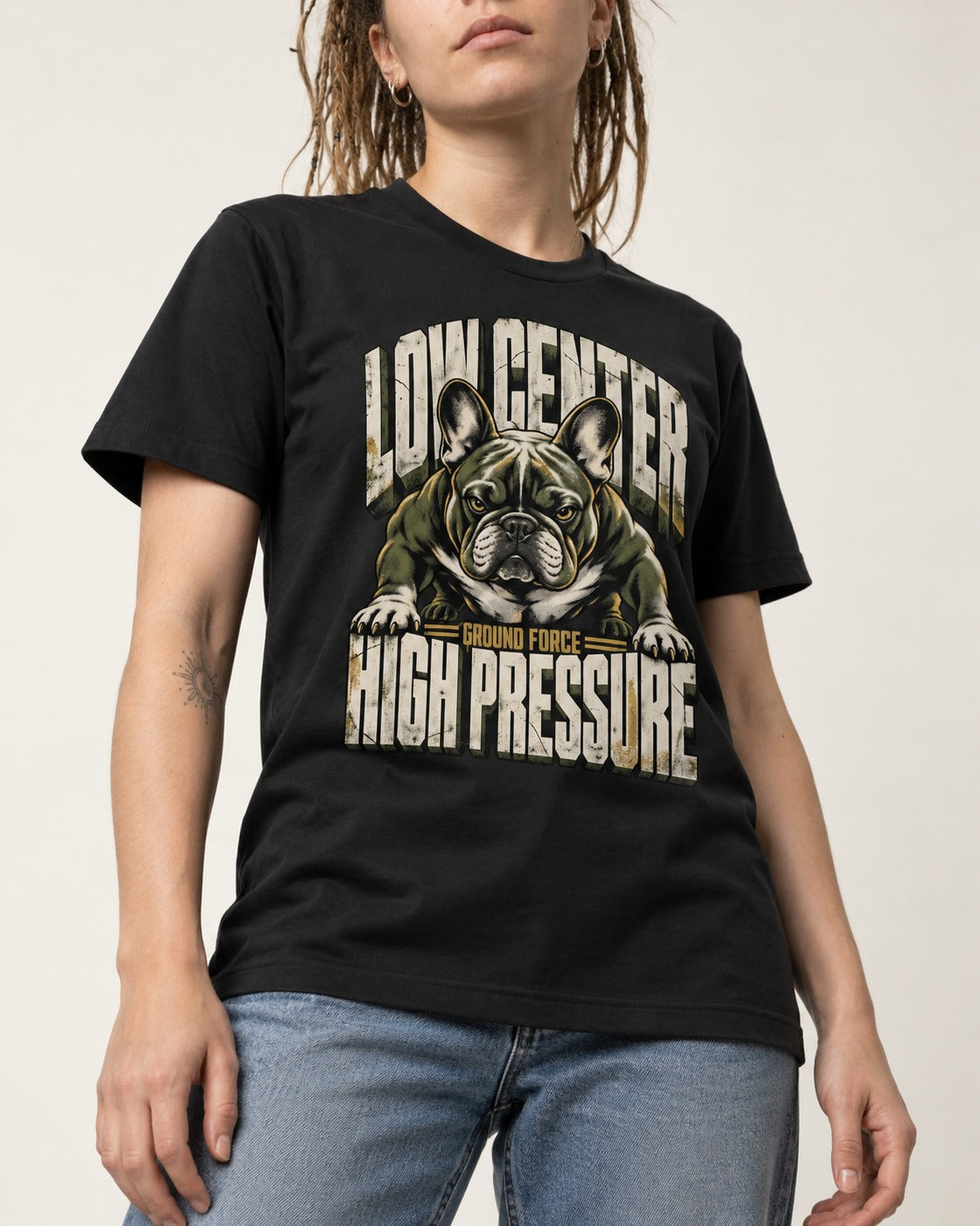 Frenchie Low Center High Pressure Graphic T-Shirt in Black, worn by a model, front view