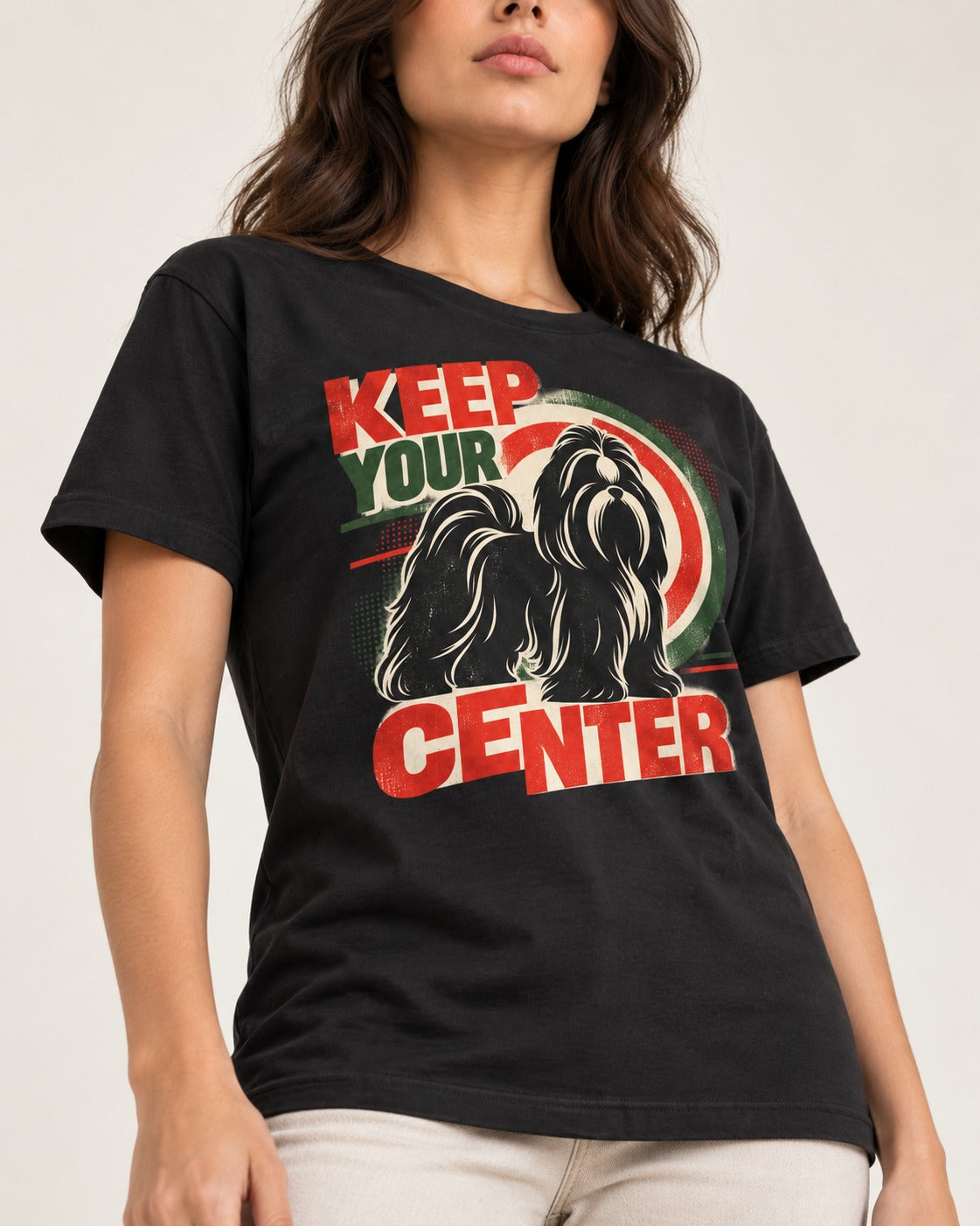 Shih Tzu Keep Your Center Retro Target Graphic T-Shirt in Black, worn by a model, front view