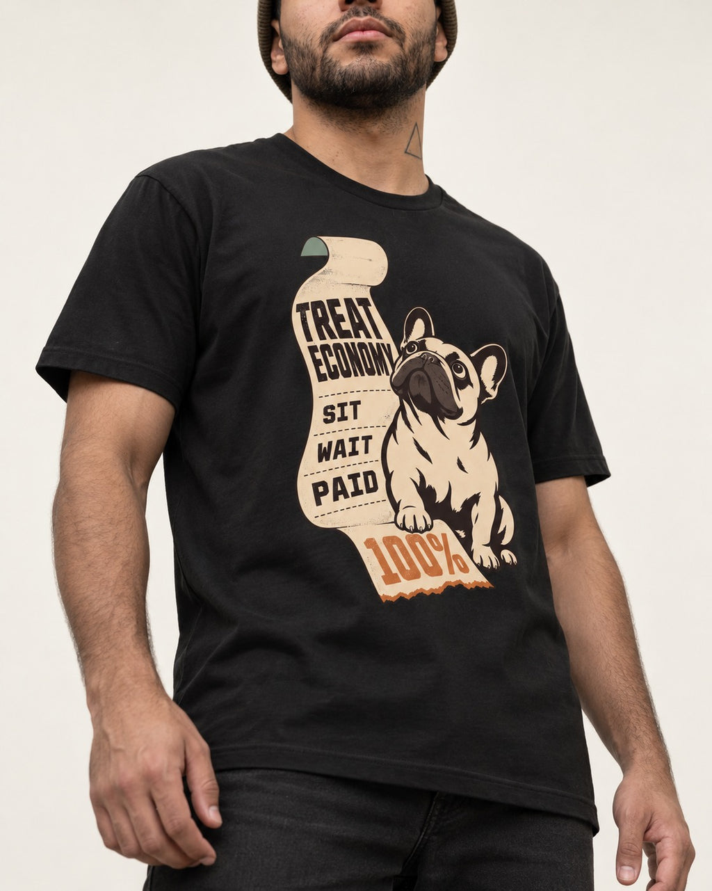 Frenchie Treat Economy Sit Wait Paid Receipt Graphic T-Shirt in Black, worn by a model, front view