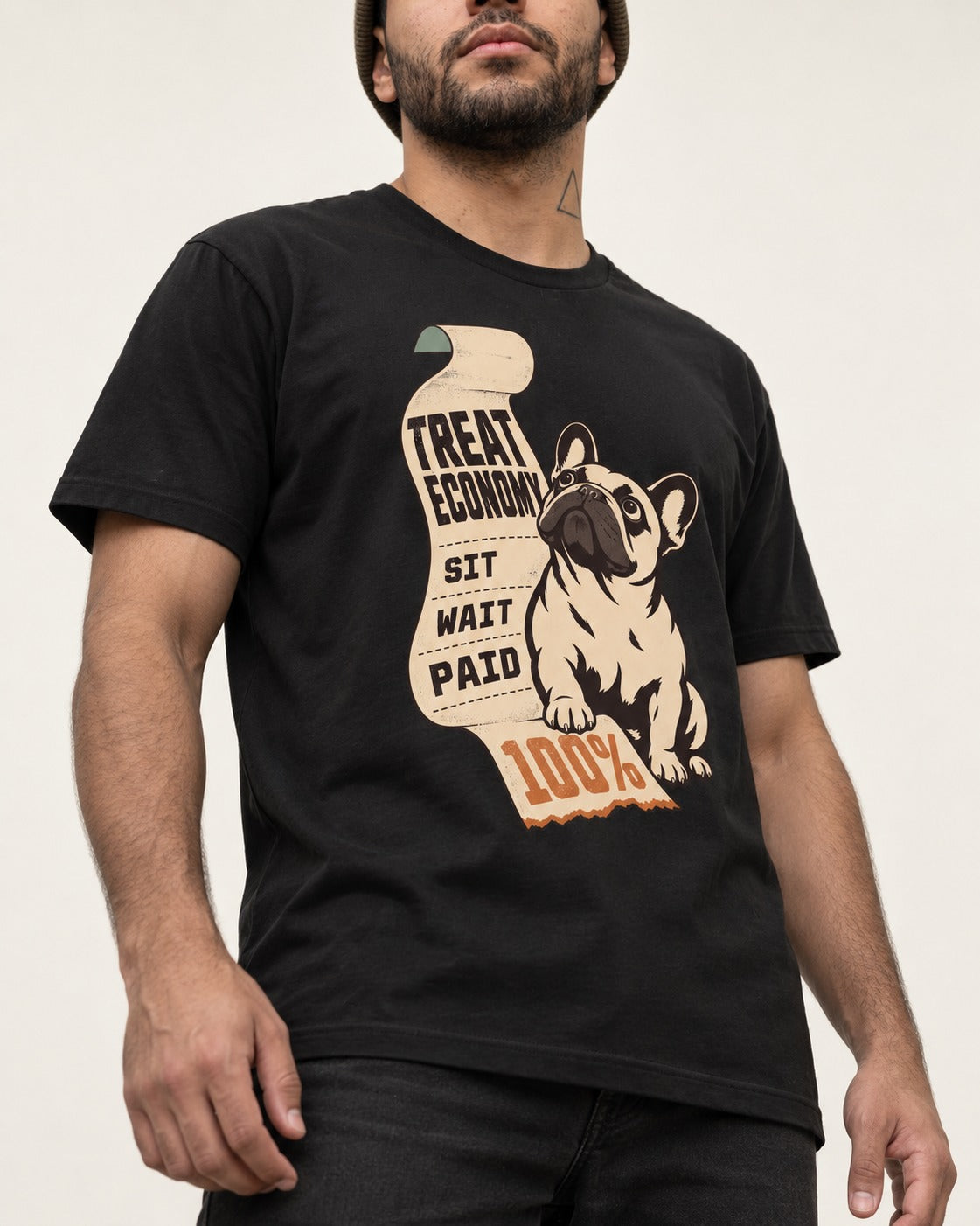 Frenchie Treat Economy Sit Wait Paid Receipt Graphic T-Shirt in Black, worn by a model, front view