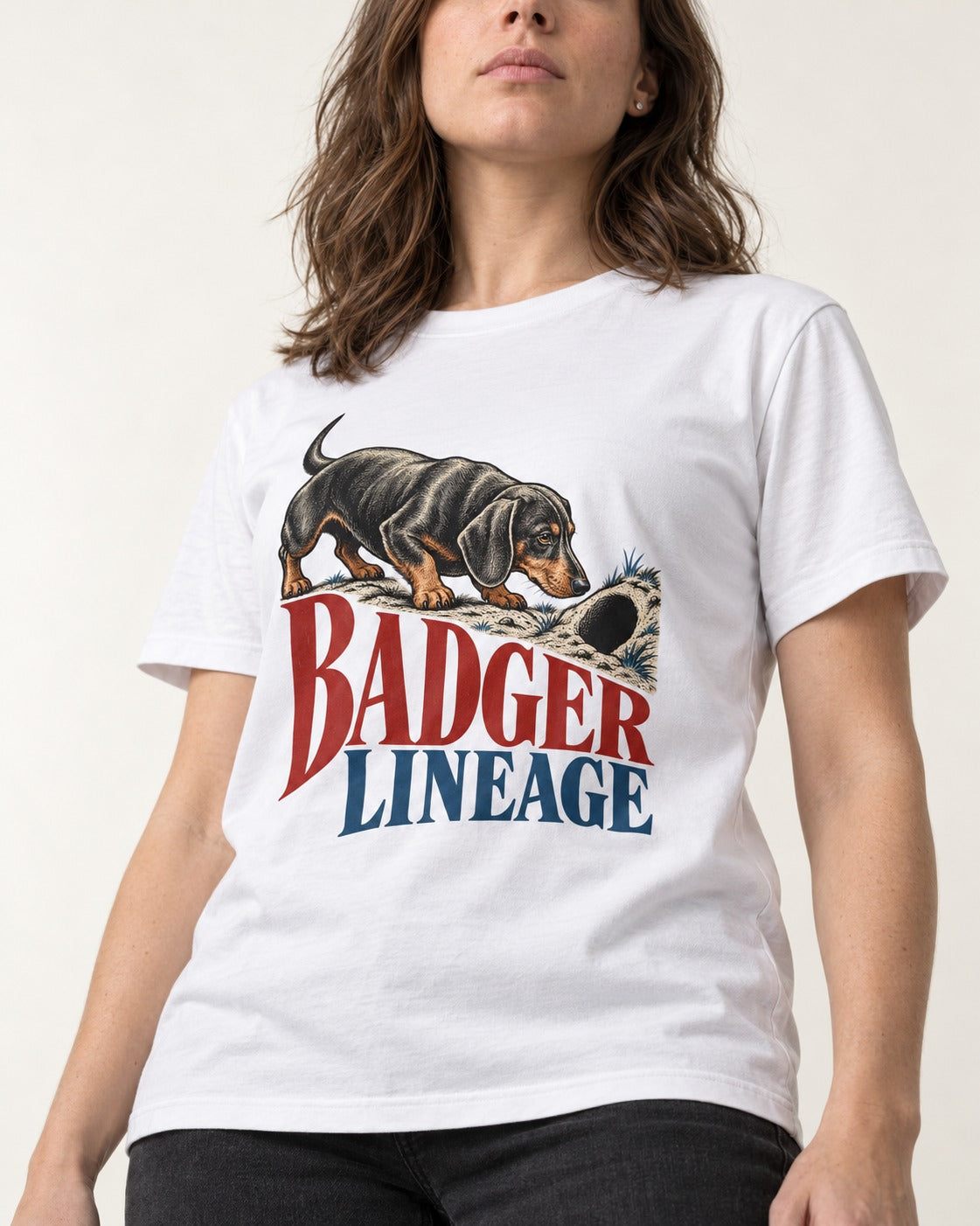 Dachshund Badger Lineage T-Shirt in White, worn by a model, front view