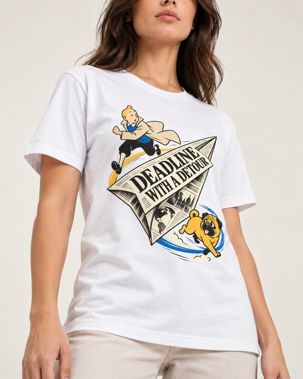 Deadline with a Pug Detour T-Shirt in White, worn by a model, front view