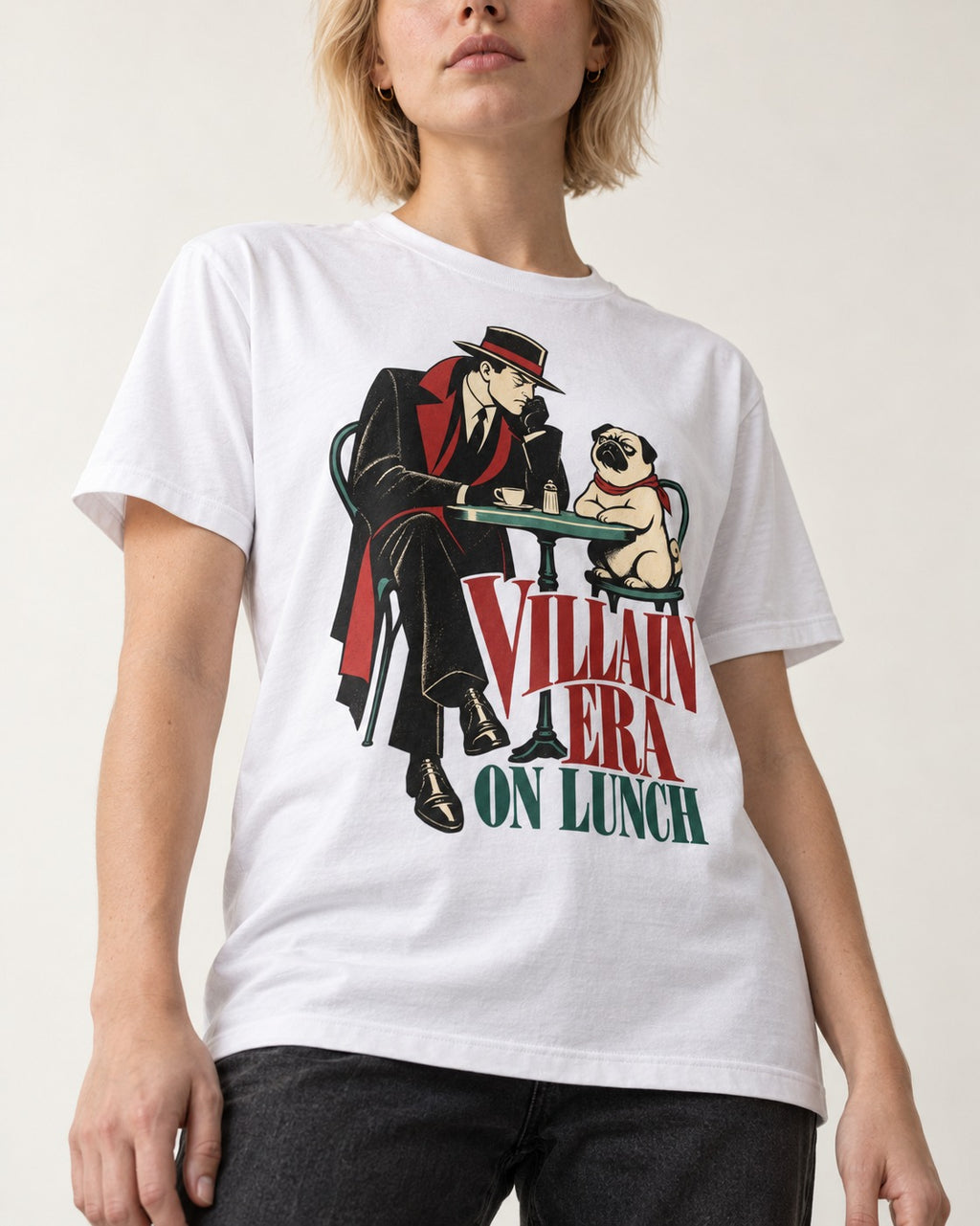 Pug Villain Era T-Shirt in White, worn by a model, front view