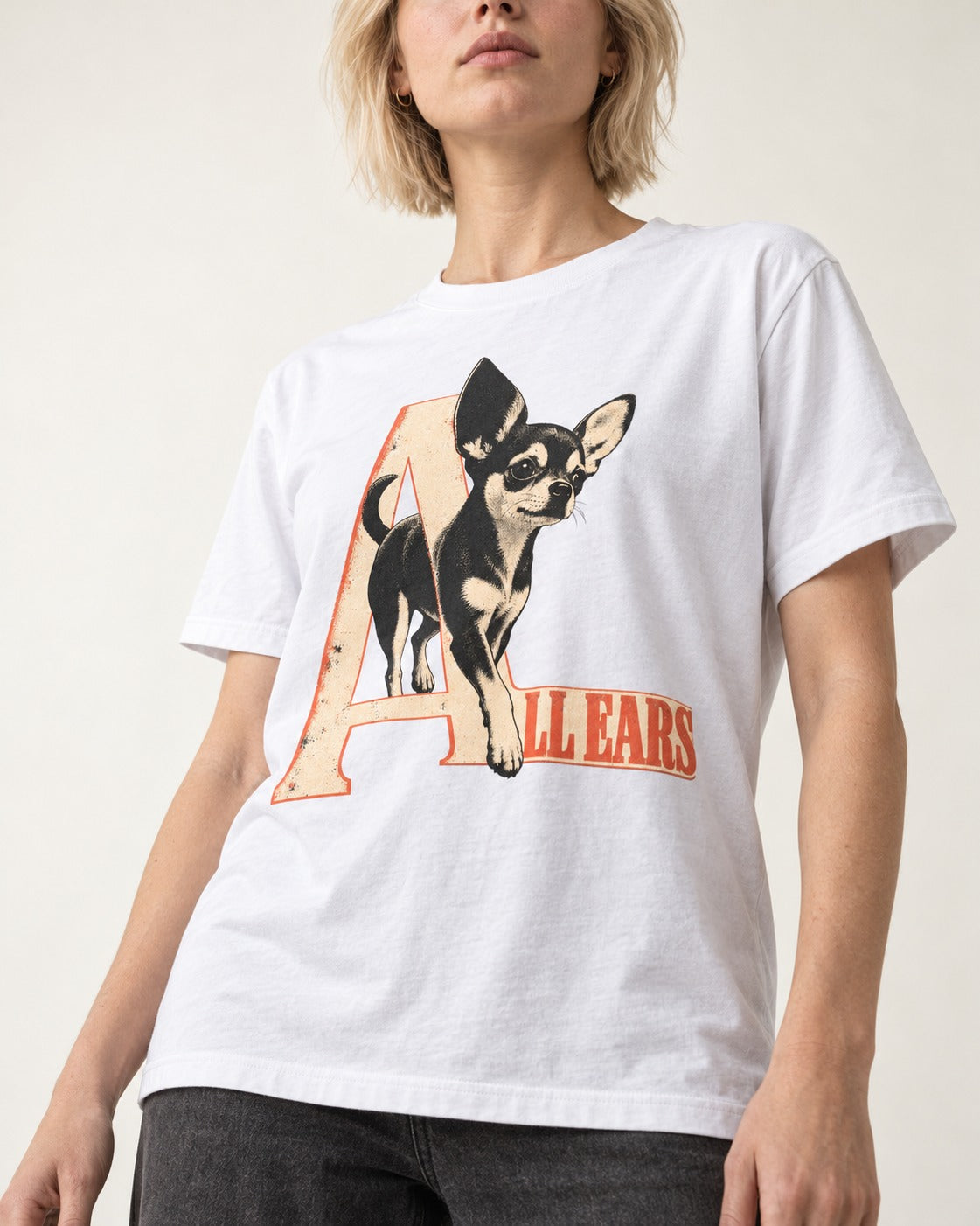 All Ears Chihuahua T-Shirt in White, worn by a model, front view