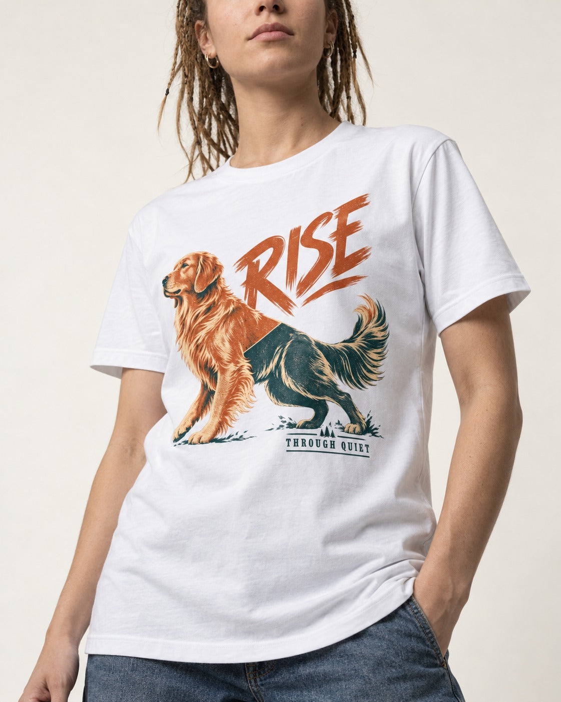 Golden Retriever Rise Through Quiet T-Shirt in White, worn by a model, front view
