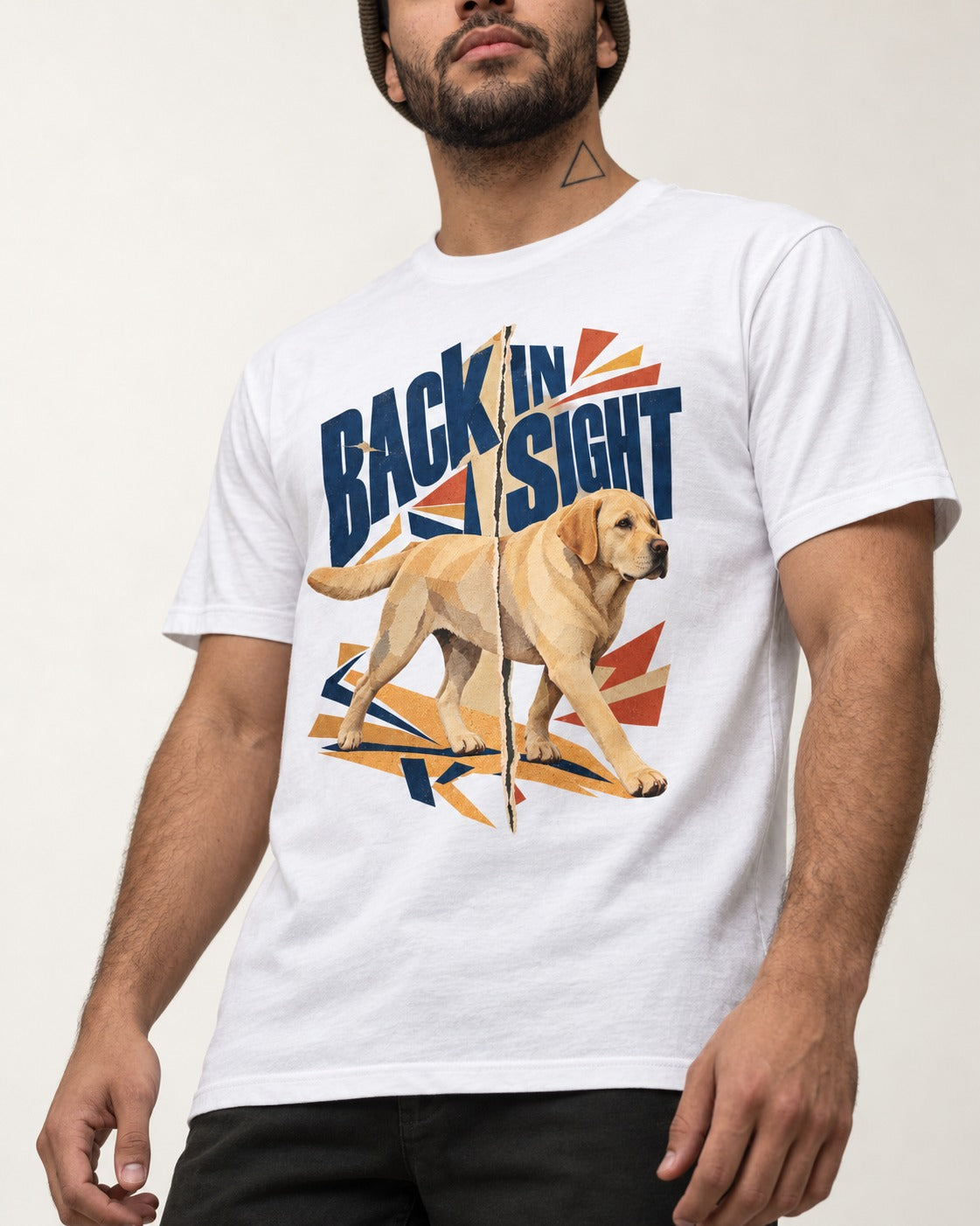 Labrador Retriever Back in Sight T-Shirt in White, worn by a model, front view