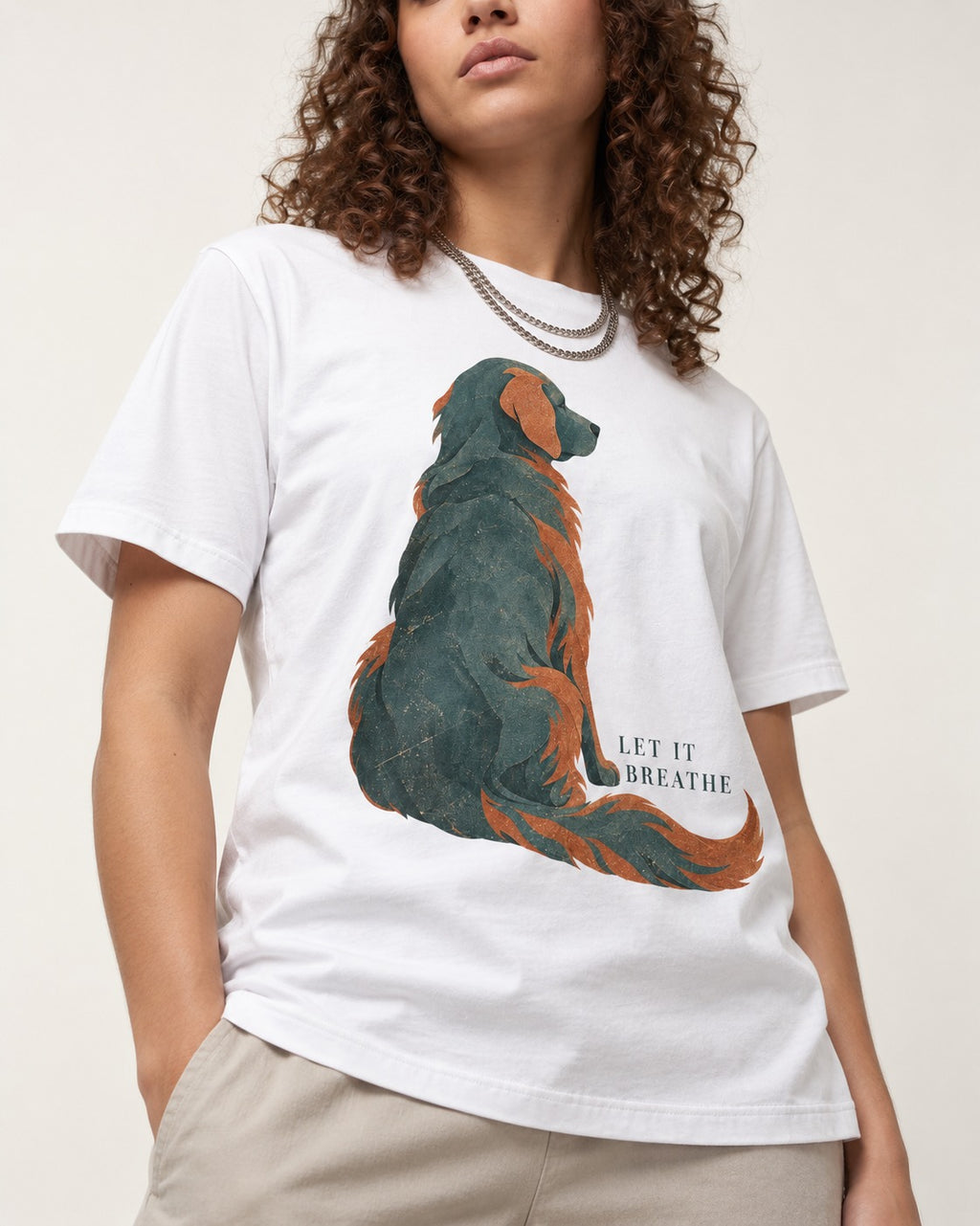 Let It Breathe Golden Retriever T-Shirt in White, worn by a model, front view
