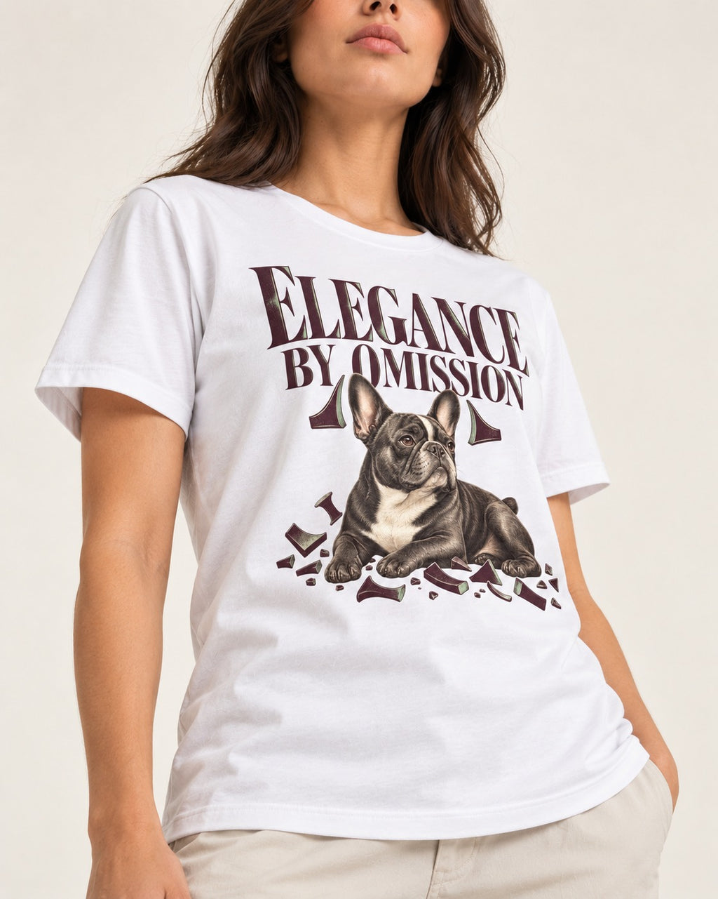 Frenchie Elegance by Omission T-Shirt in White, worn by a model, front view