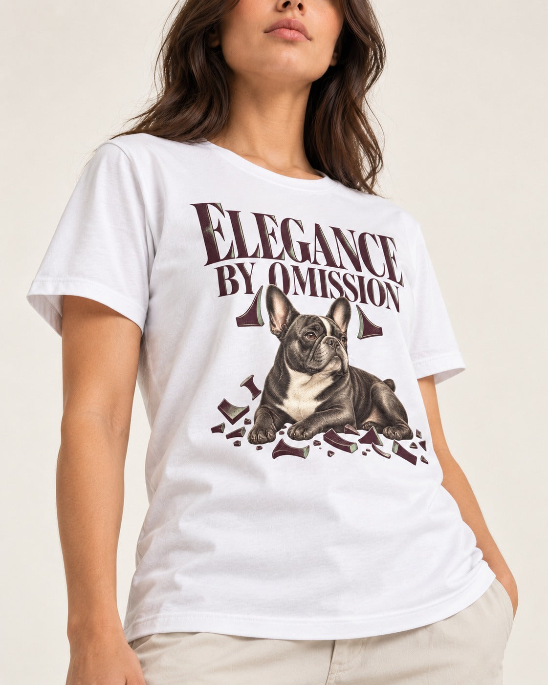 Frenchie Elegance by Omission T-Shirt in White, worn by a model, front view