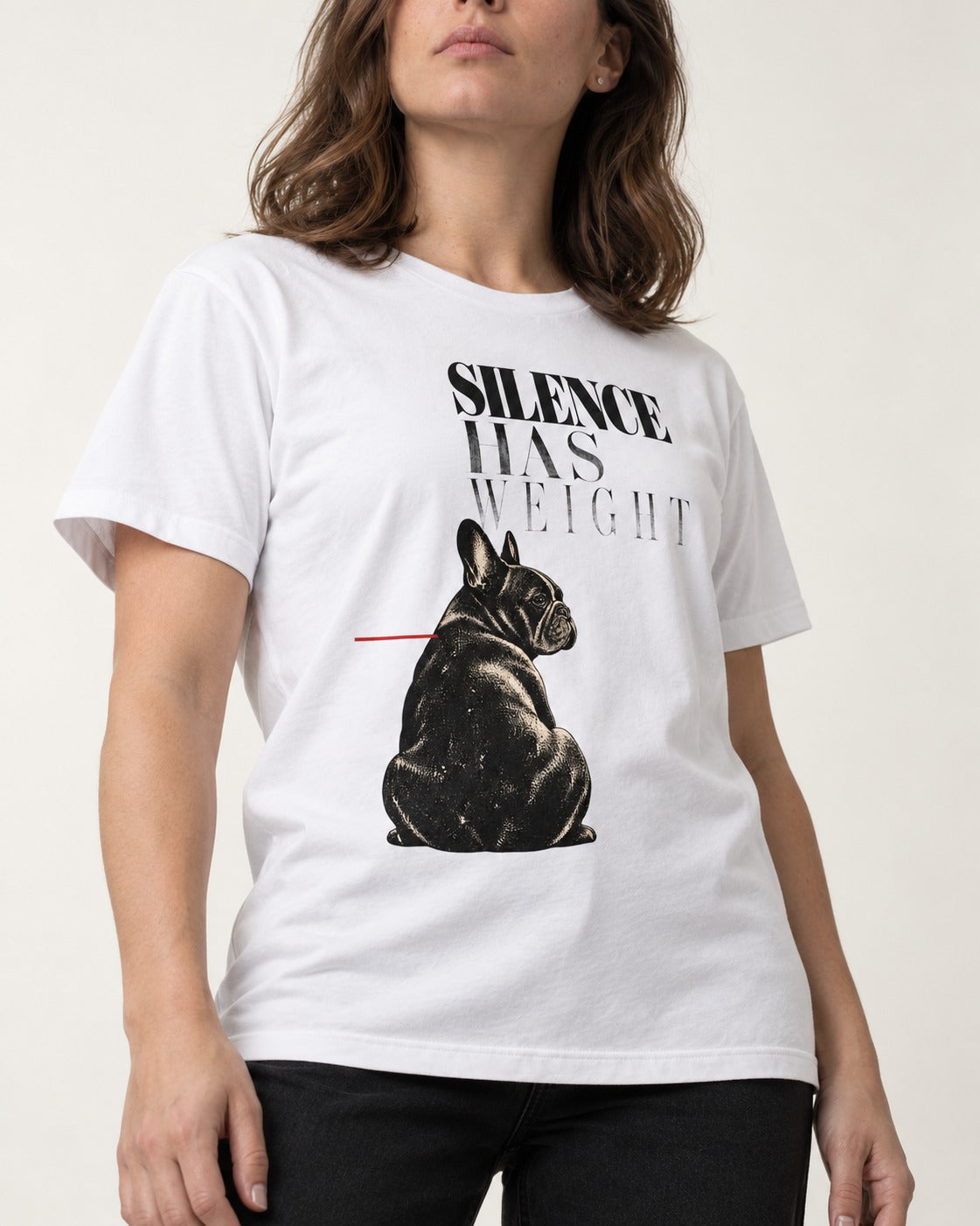 Silence Has Weight Frenchie T-Shirt in White, worn by a model, front view