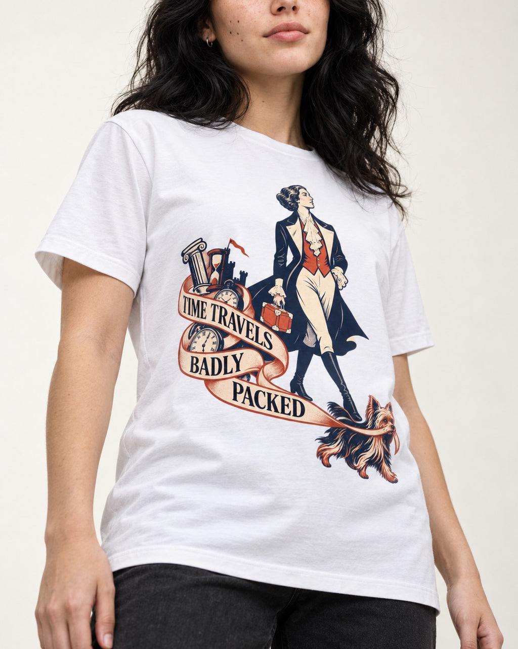 Time Travels Badly Packed Yorkshire Terrier T-Shirt in White, worn by a model, front view