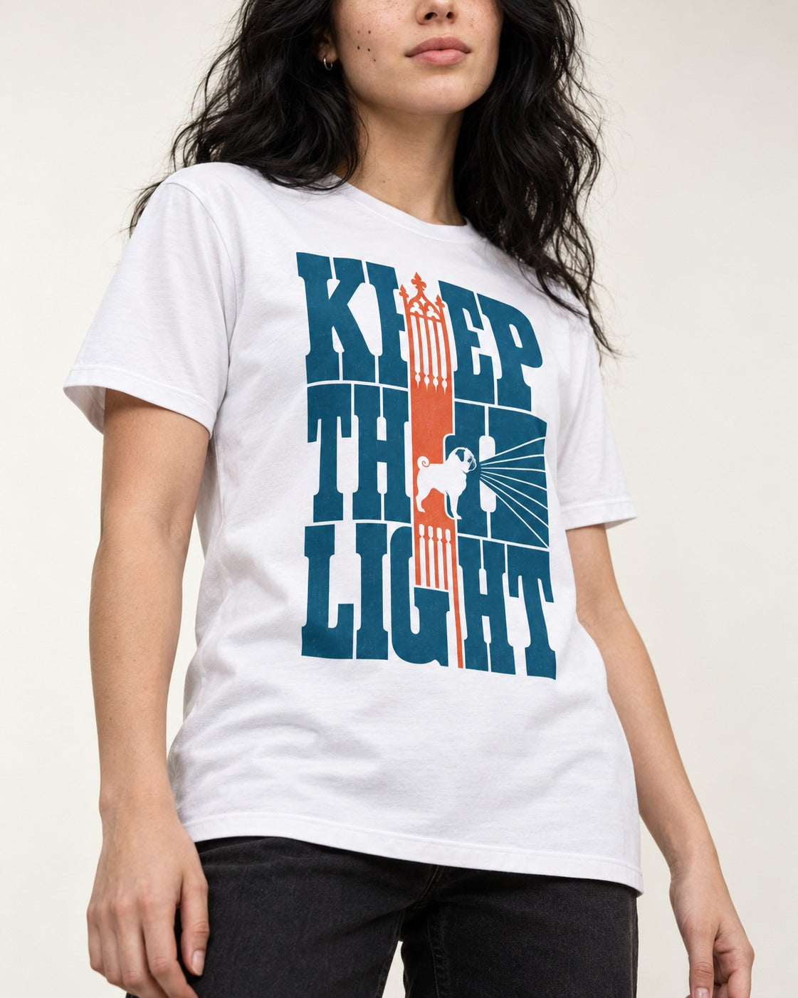 Keep the Pug Fight T-Shirt in White, worn by a model, front view