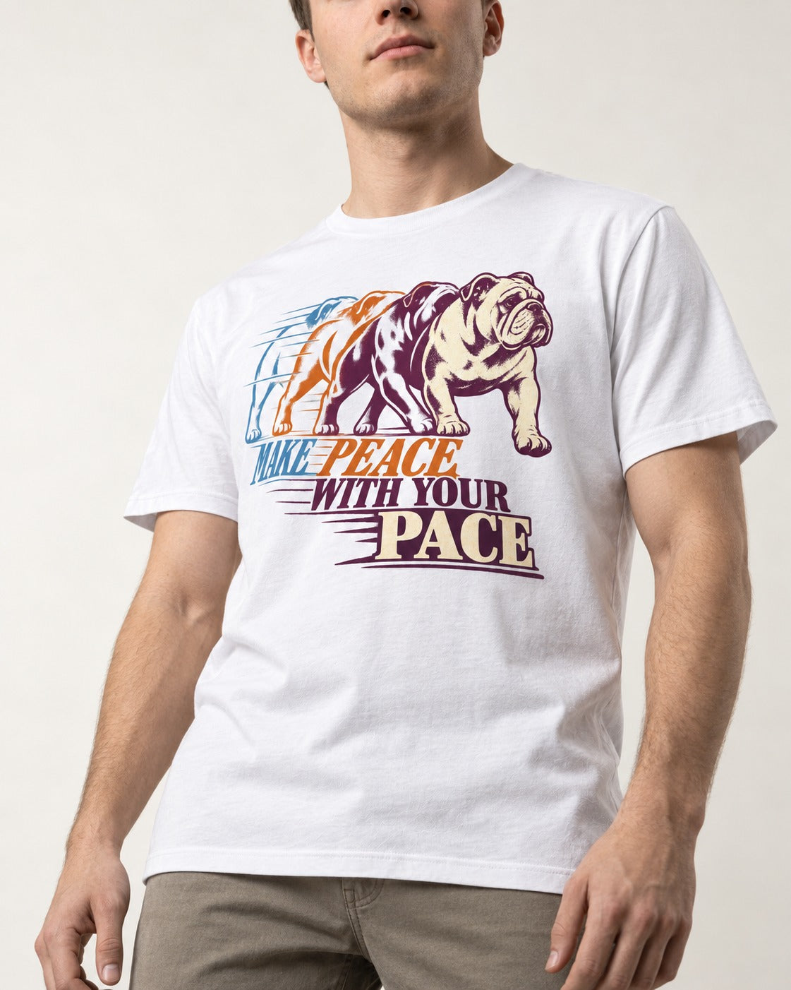 English Bulldog Peace with Your Pace T-Shirt in White, worn by a model, front view