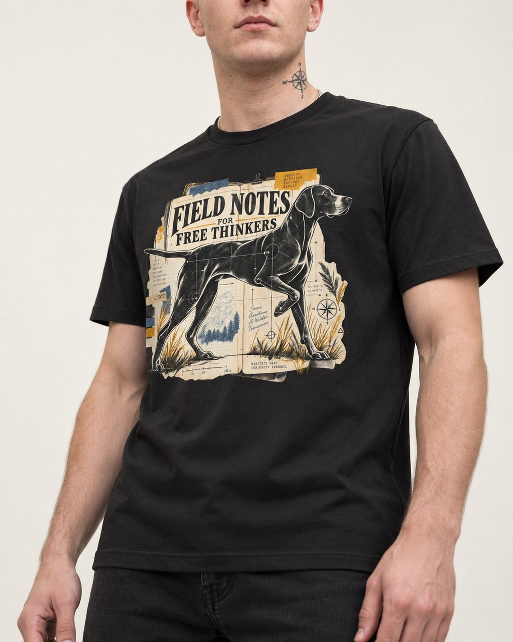 Field Notes for Free Thinkers Collage German Shorthaired Pointer Graphic T-Shirt in Black, worn by a model, front view