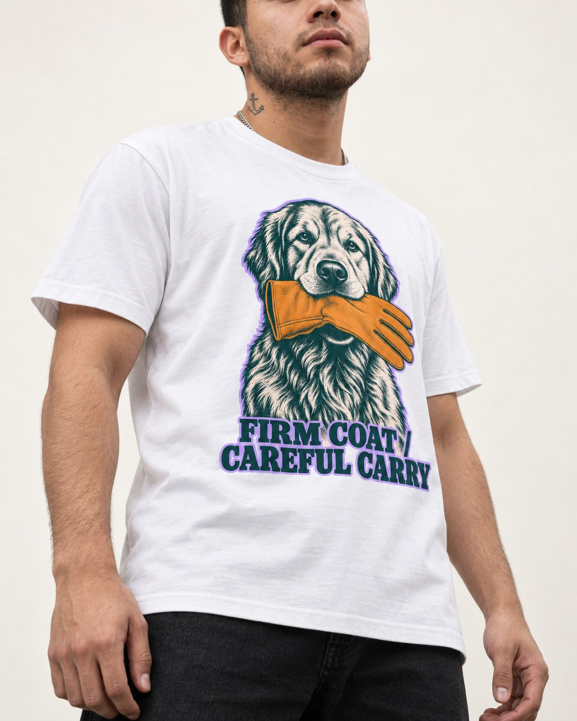 Golden Retriever Firm Coat Careful Carry T-Shirt in White, worn by a model, front view
