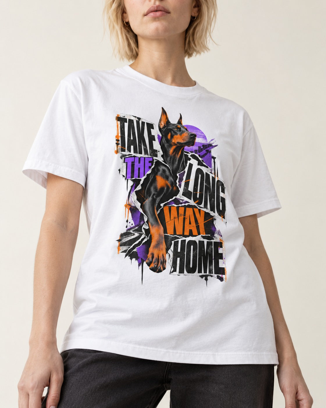 Doberman Long Way Home T-Shirt in White, worn by a model, front view