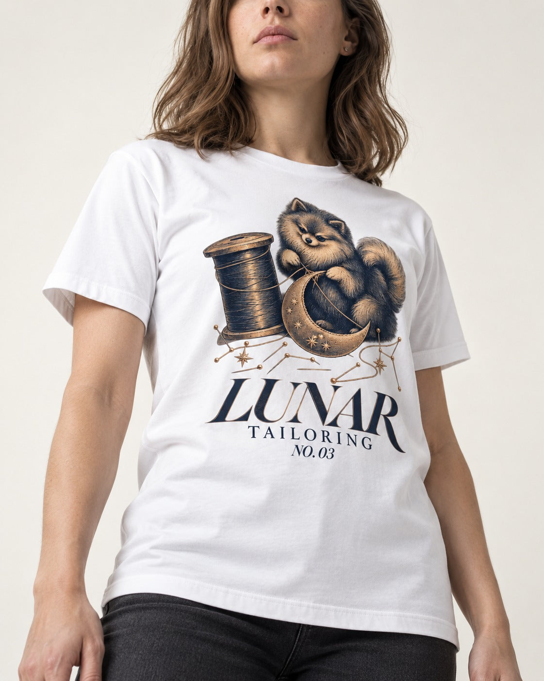Pomeranian's Lunar Tailoring T-Shirt in White, worn by a model, front view
