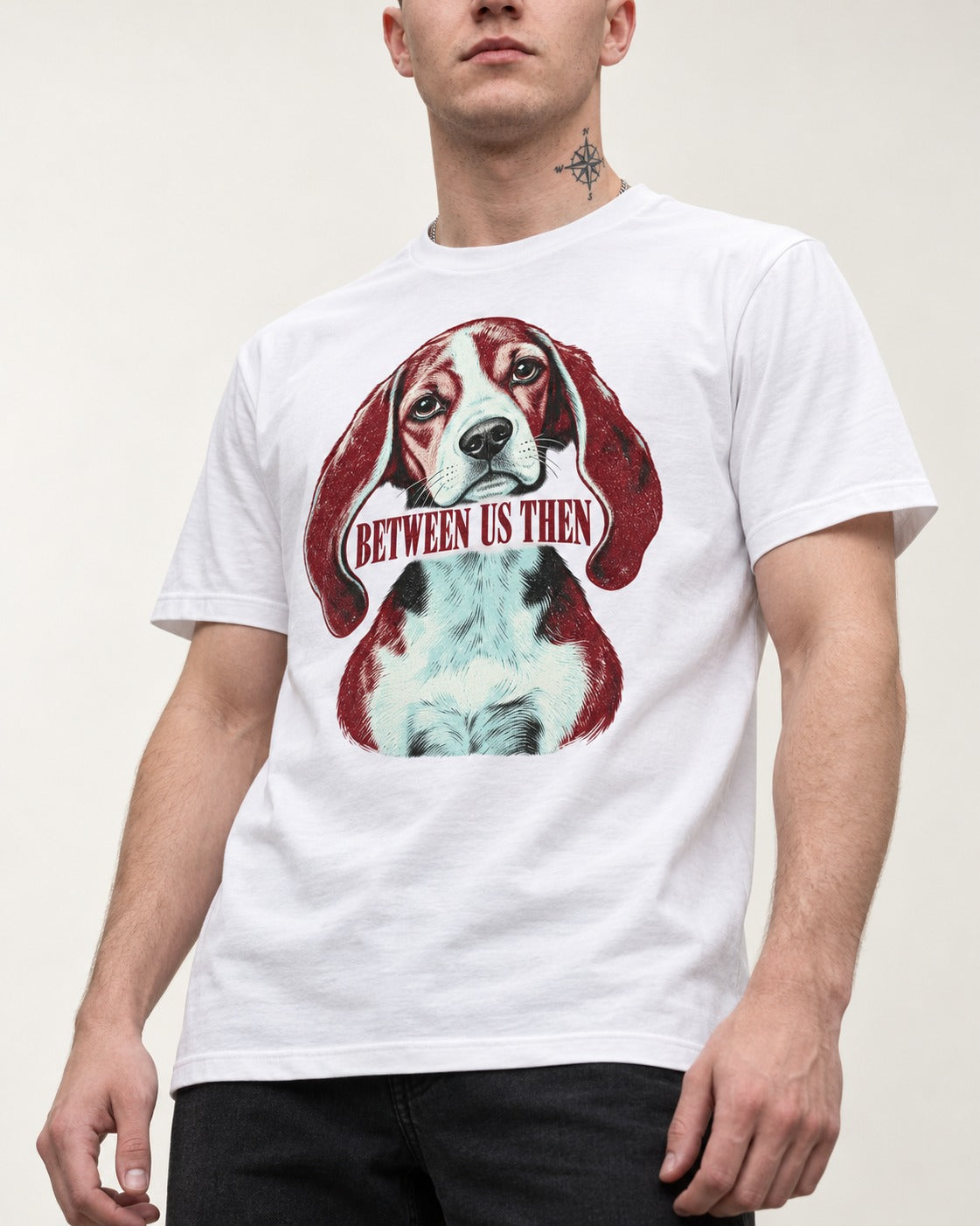 Beagle Between Us Then T-Shirt in White, worn by a model, front view